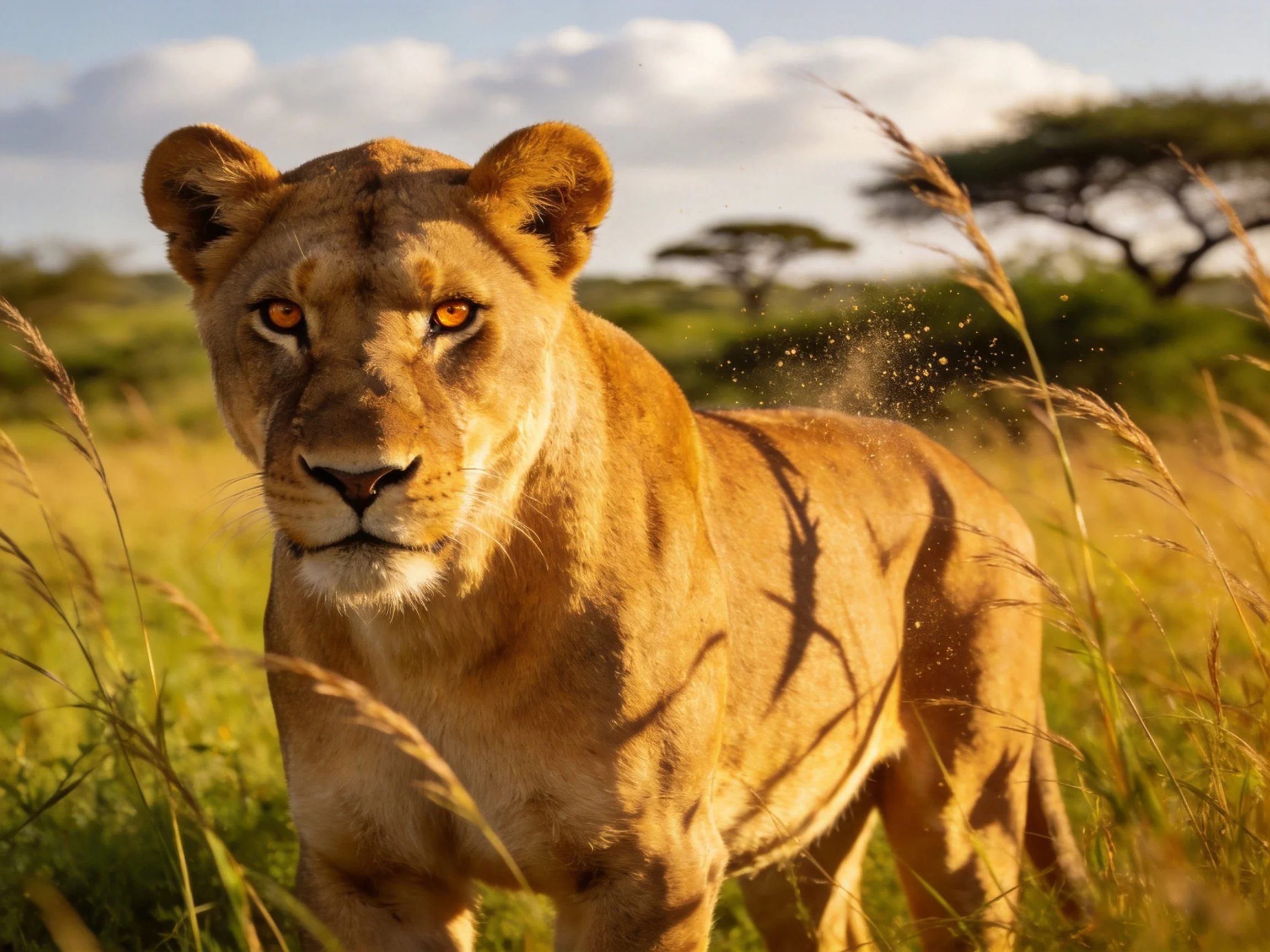 A golden lioness stands amidst tall grasses in a sunlit savannah