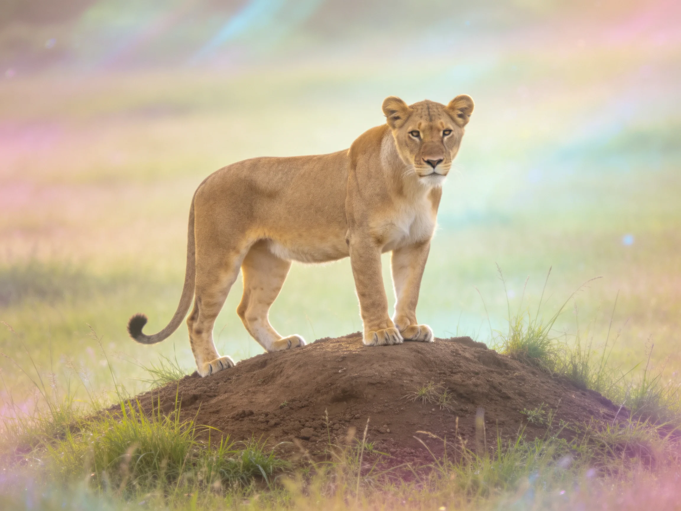 A golden lioness stands atop a dirt mound in a pastel landscape