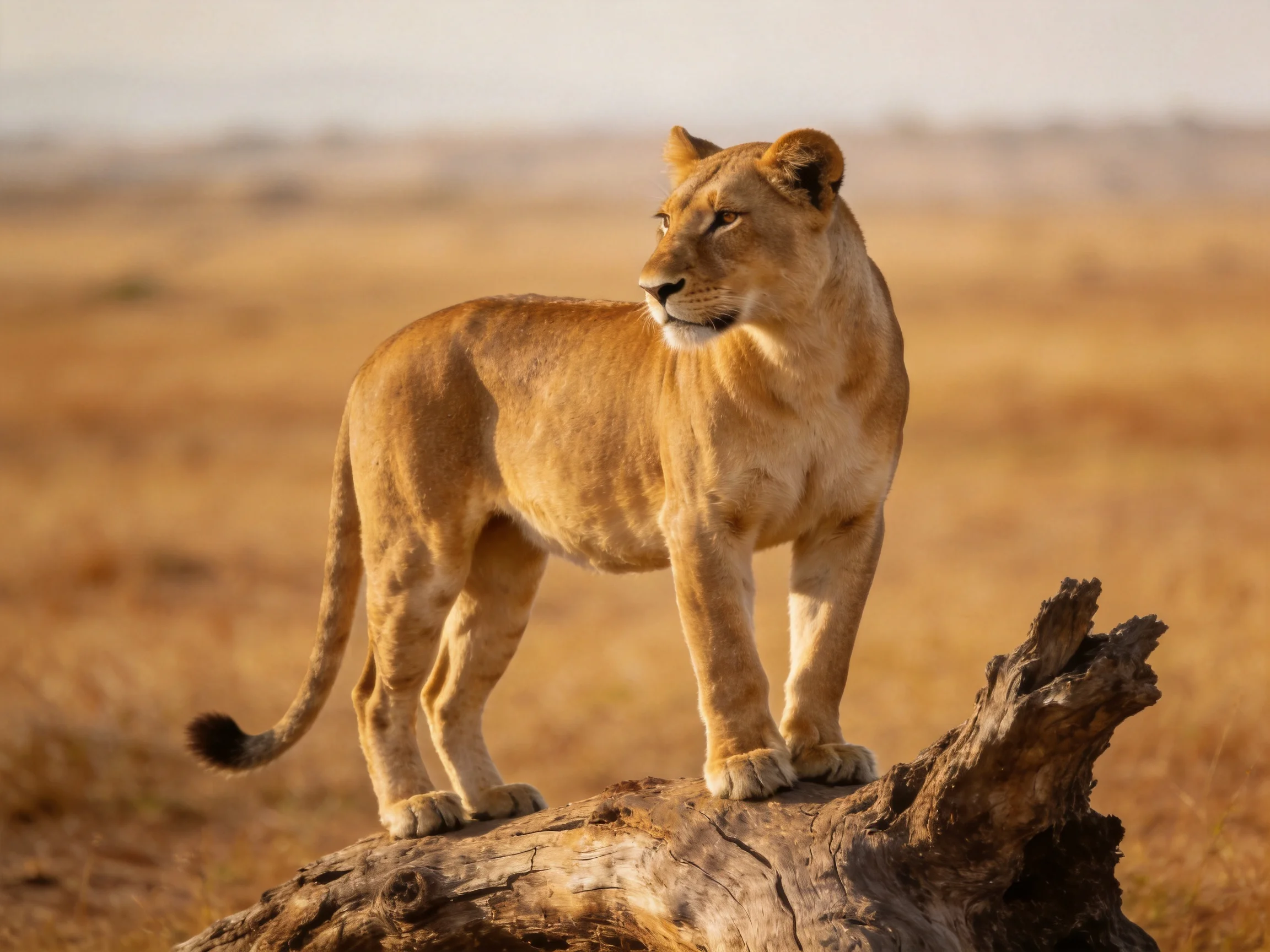 A golden lioness stands atop a weathered tree trunk in an open savannah