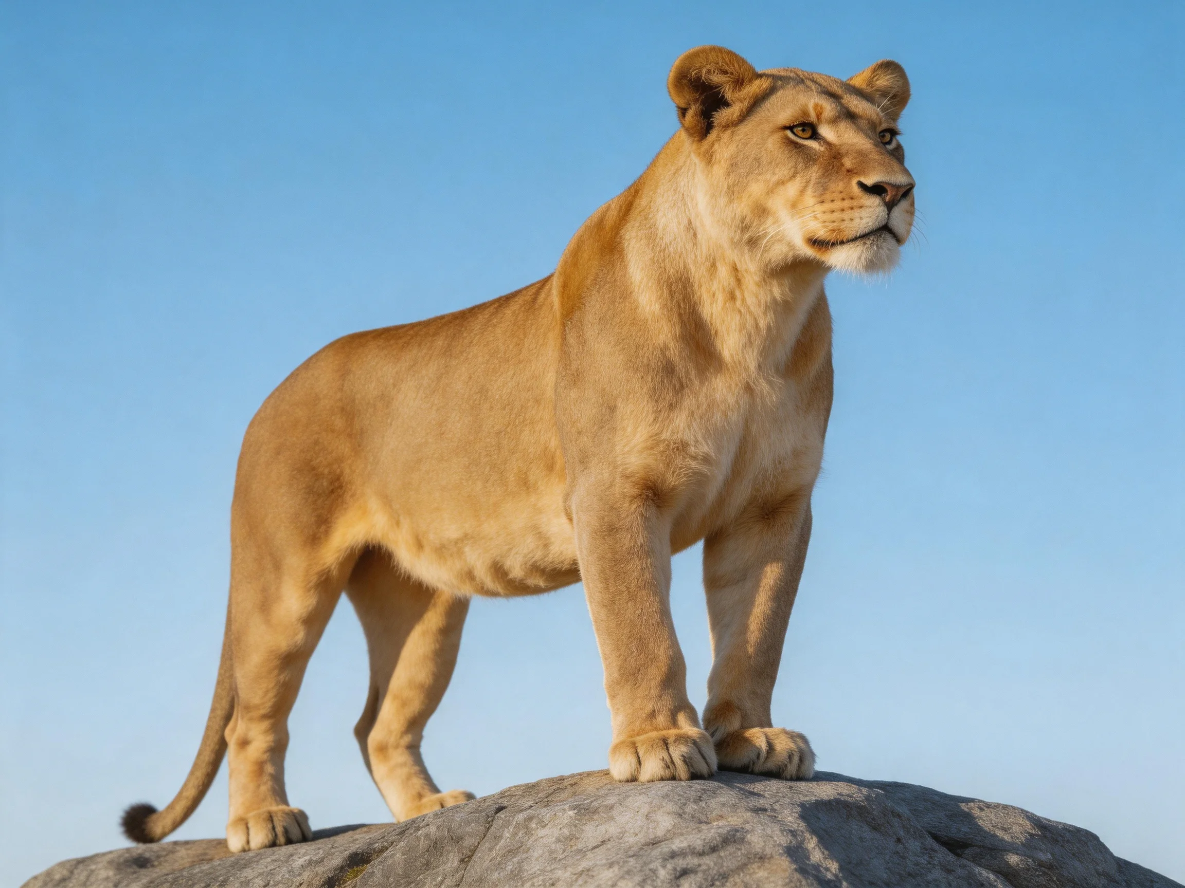 A golden lioness stands atop a large rock under a clear blue sky.