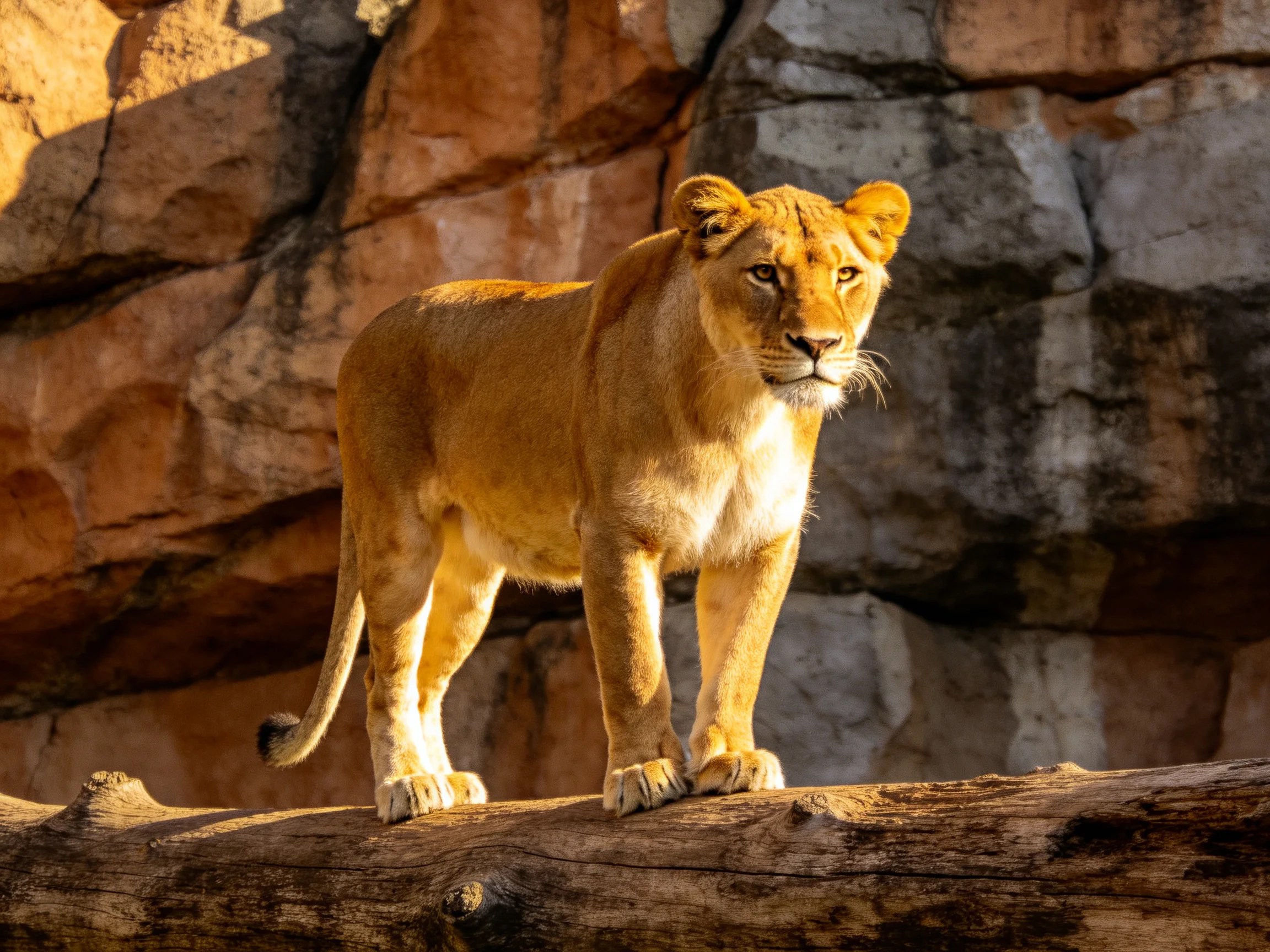A golden lioness stands on a weathered log beside rugged stone formations