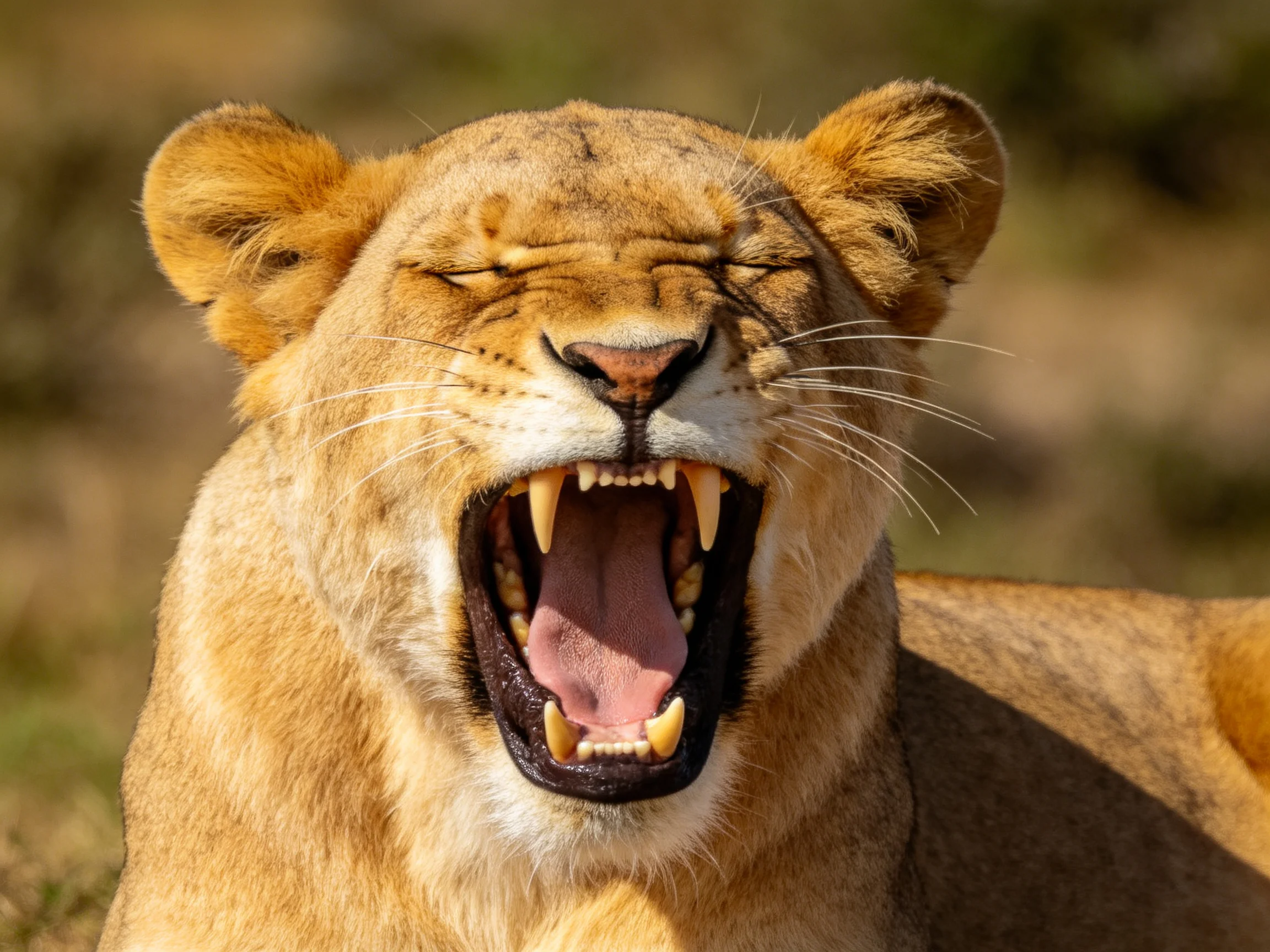 A golden lioness yawning widely with eyes shut
