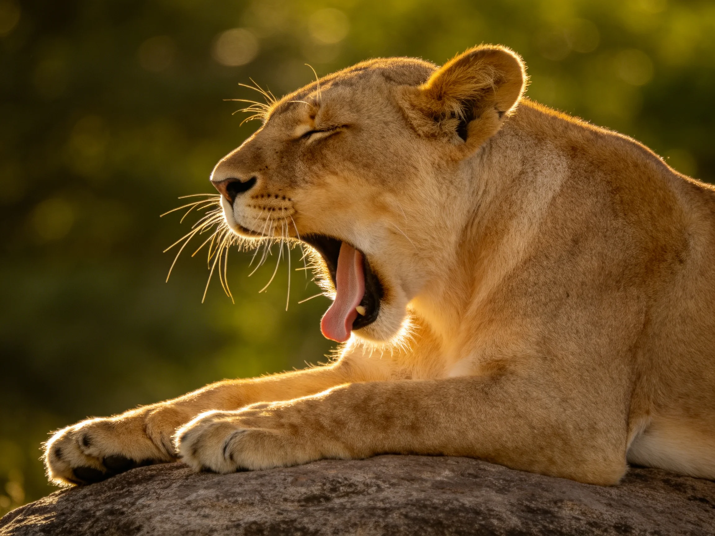 A golden lioness yawns atop a sunlit rocky outcrop