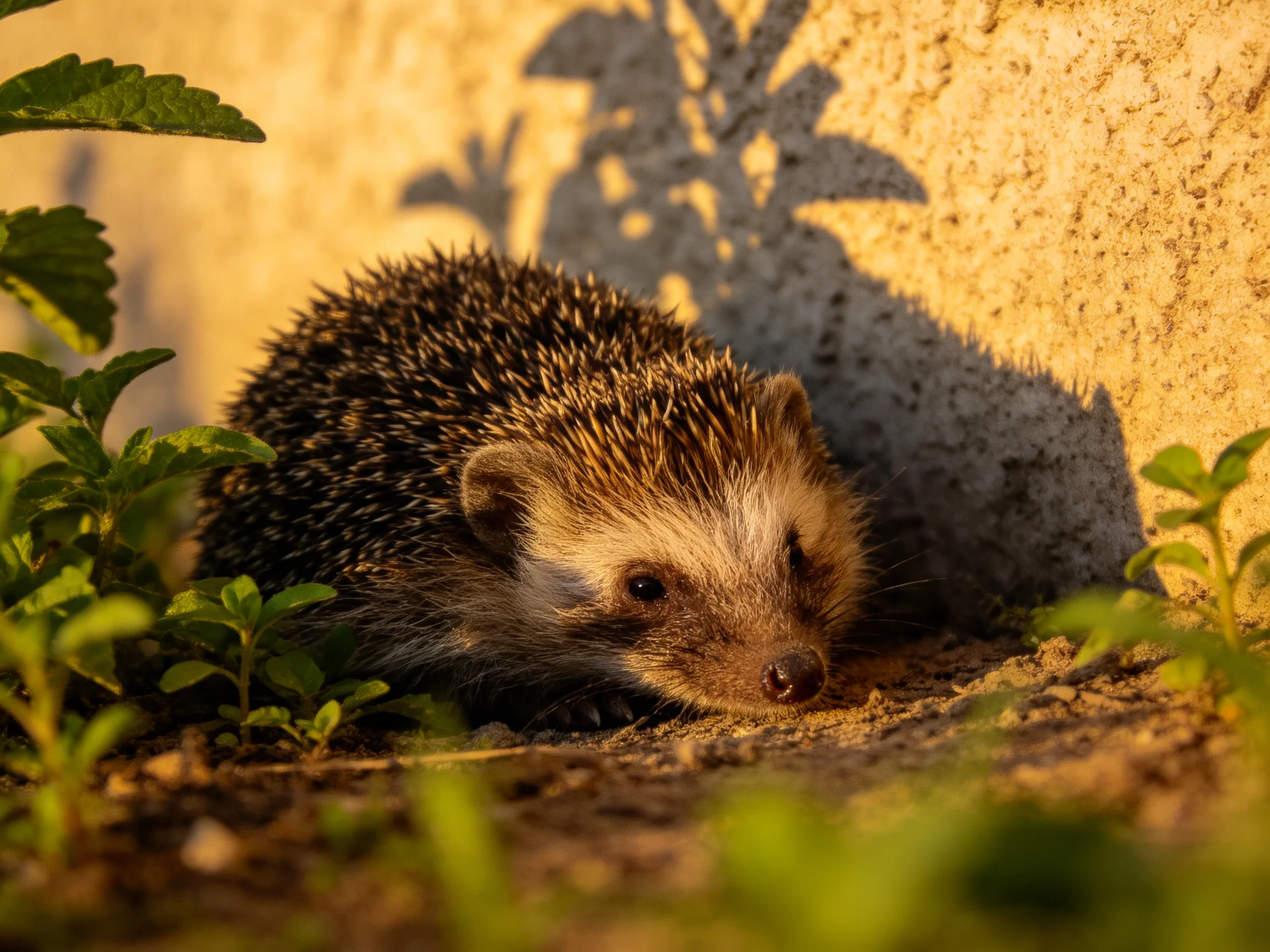 A golden-lit spiny hedgehog near a textured stone wall