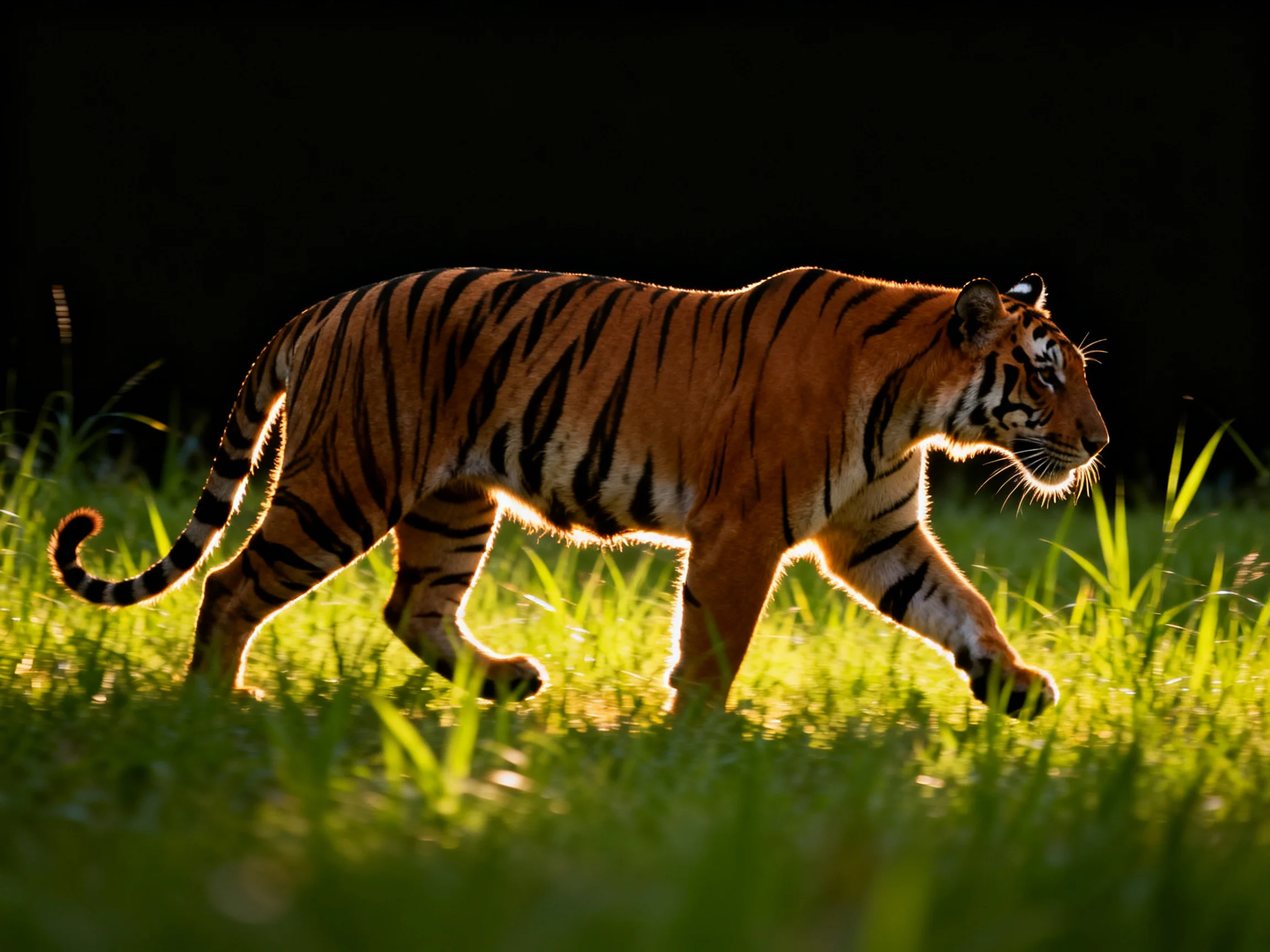A golden-lit tiger walks through tall green grass