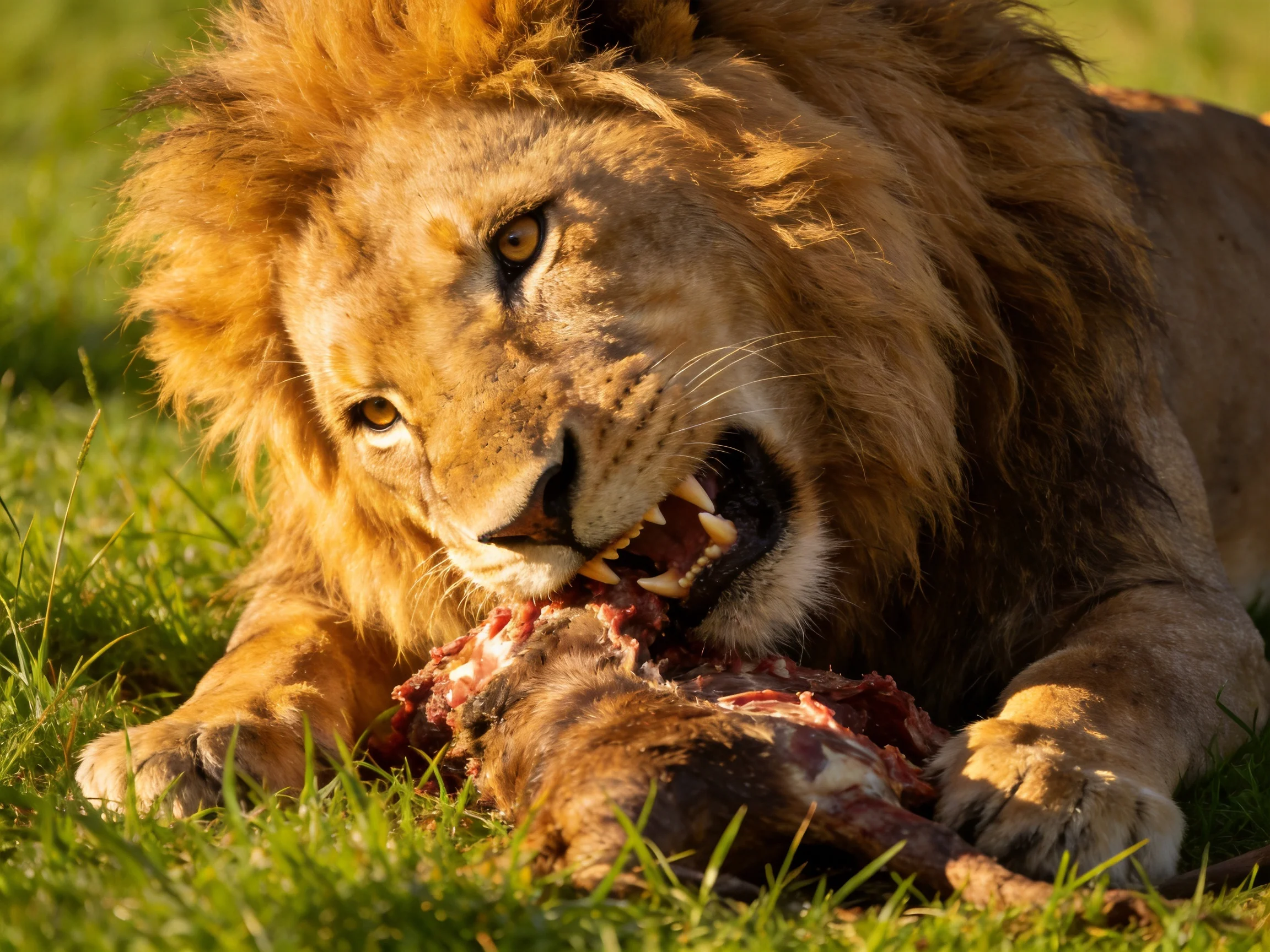 A golden-maned lion feasts on prey in sunlit grassland