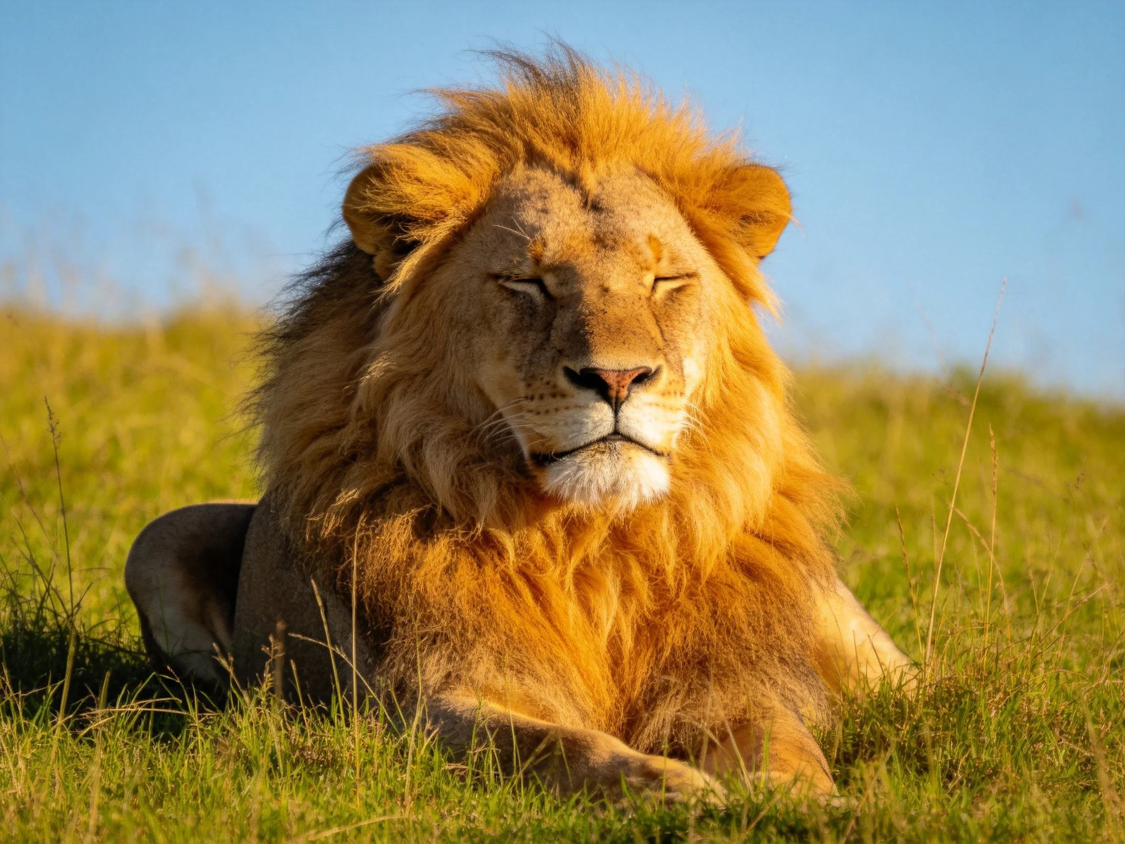 A golden-maned lion lounges in a sunlit grassy savannah