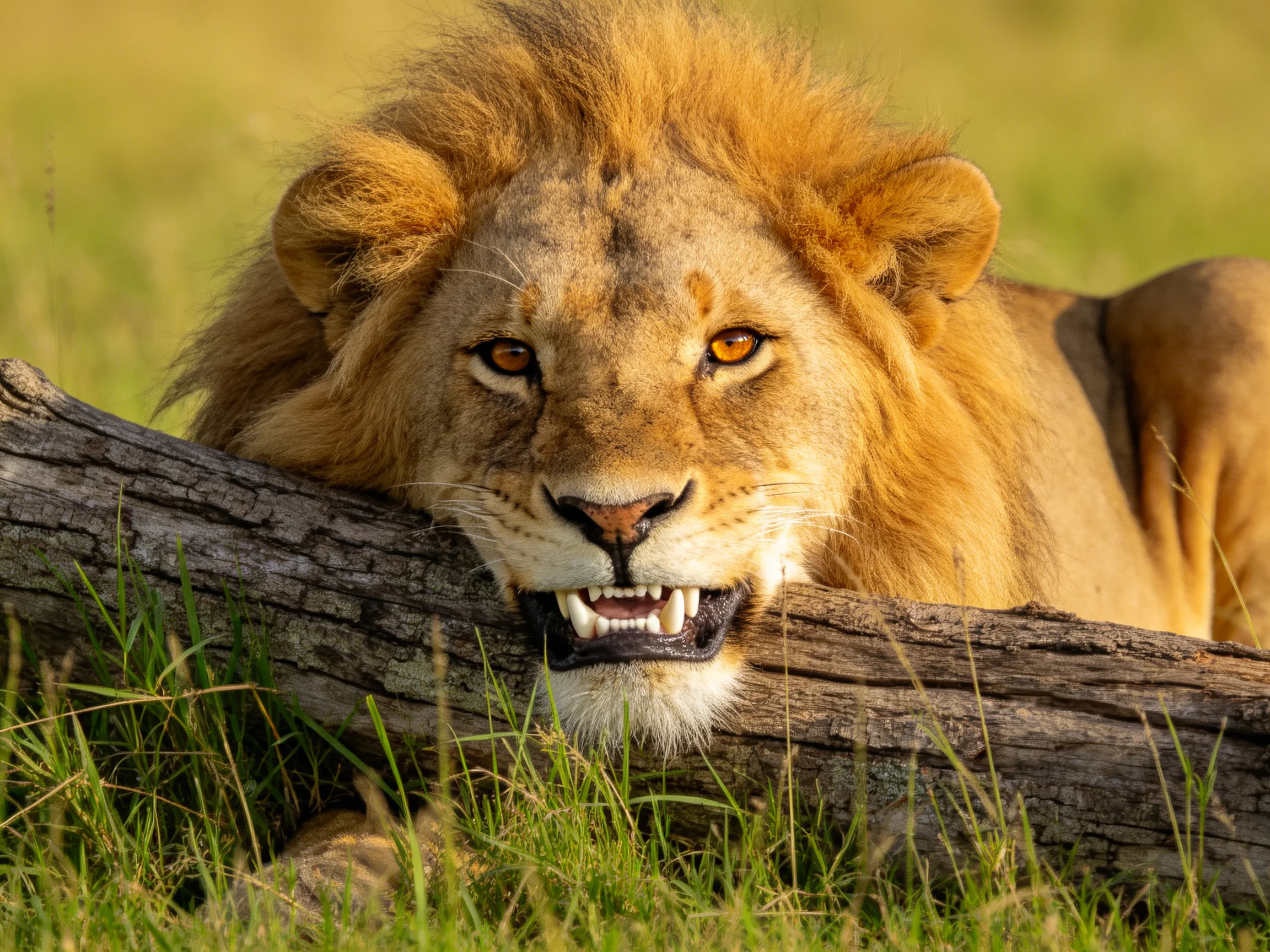 A golden-maned lion rests beside a gnarled log in tall grass