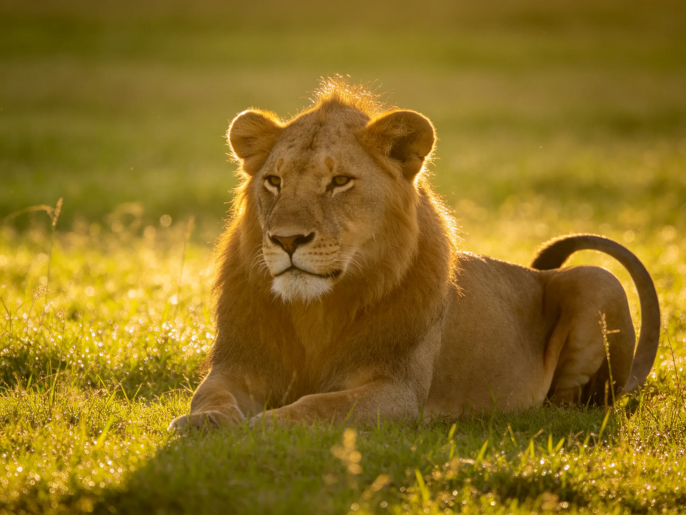 A golden-maned lion rests in sunlit savannah grass