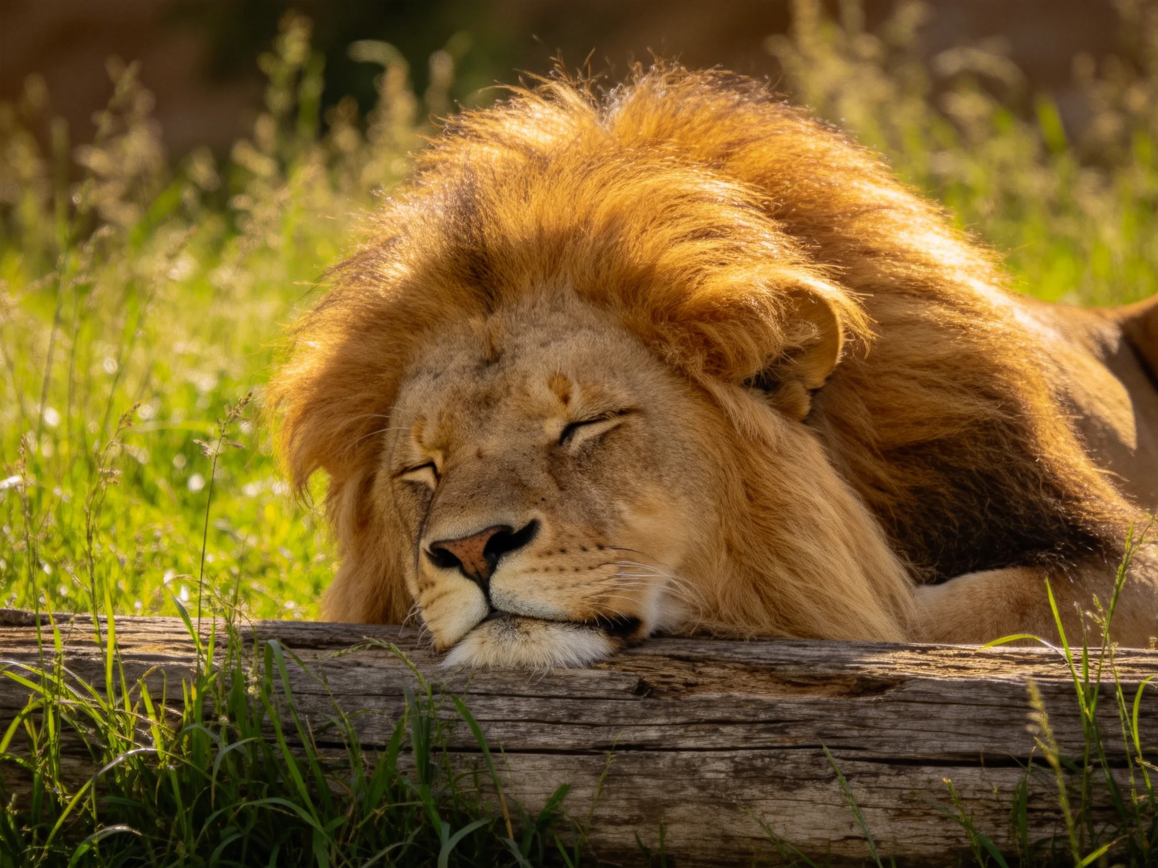 A golden-maned lion rests on a log amid tall green grass