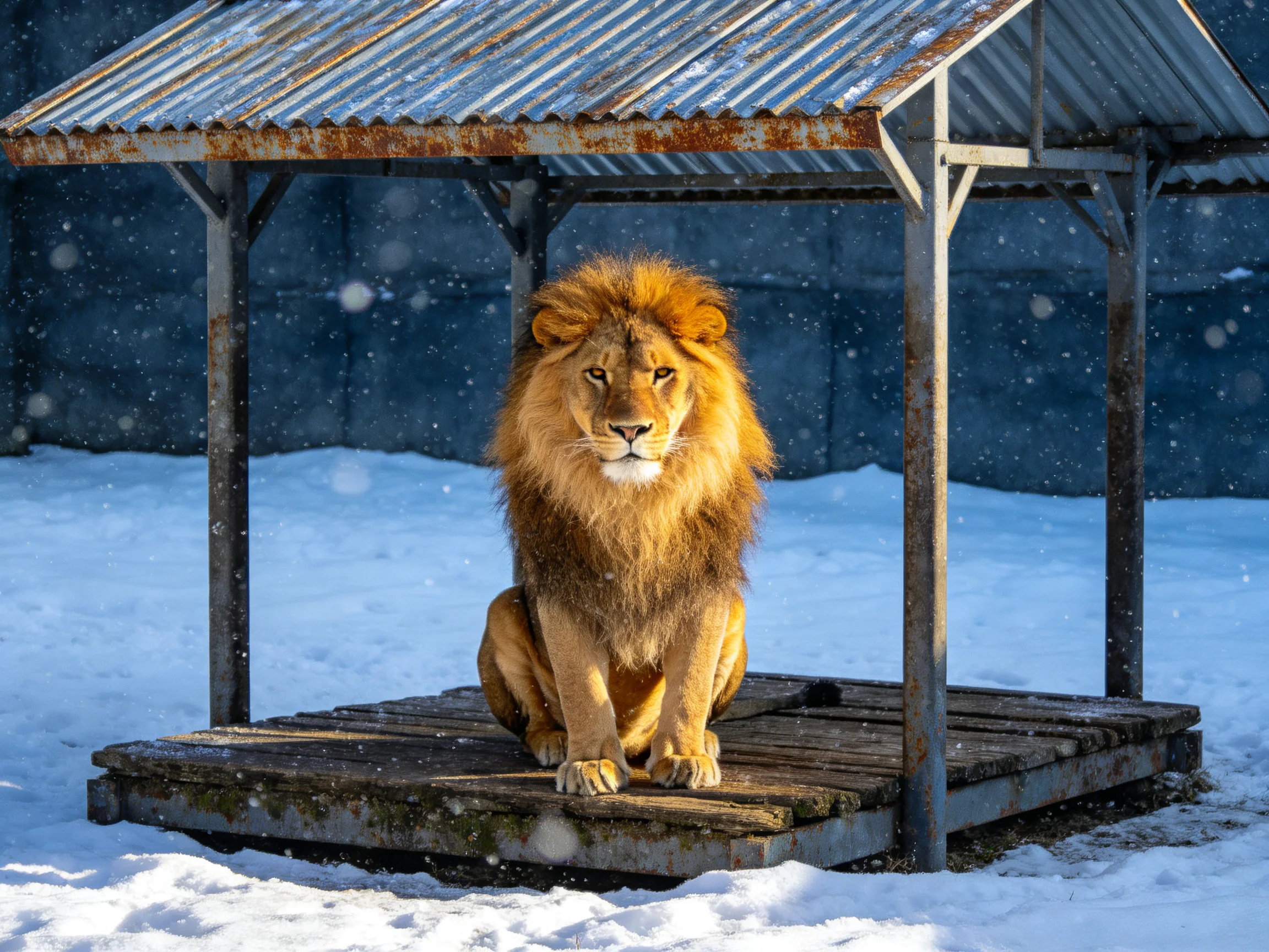 A golden-maned lion sits under a rusted metal shelter in a snowy landscape