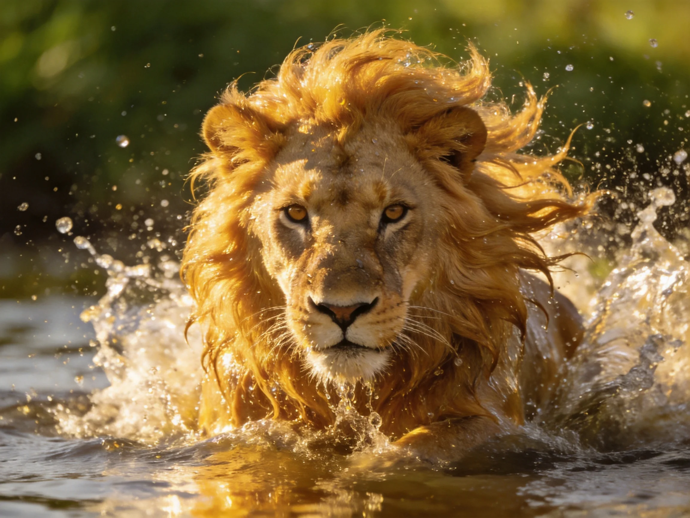 A golden-maned lion creates splashes while moving through water.