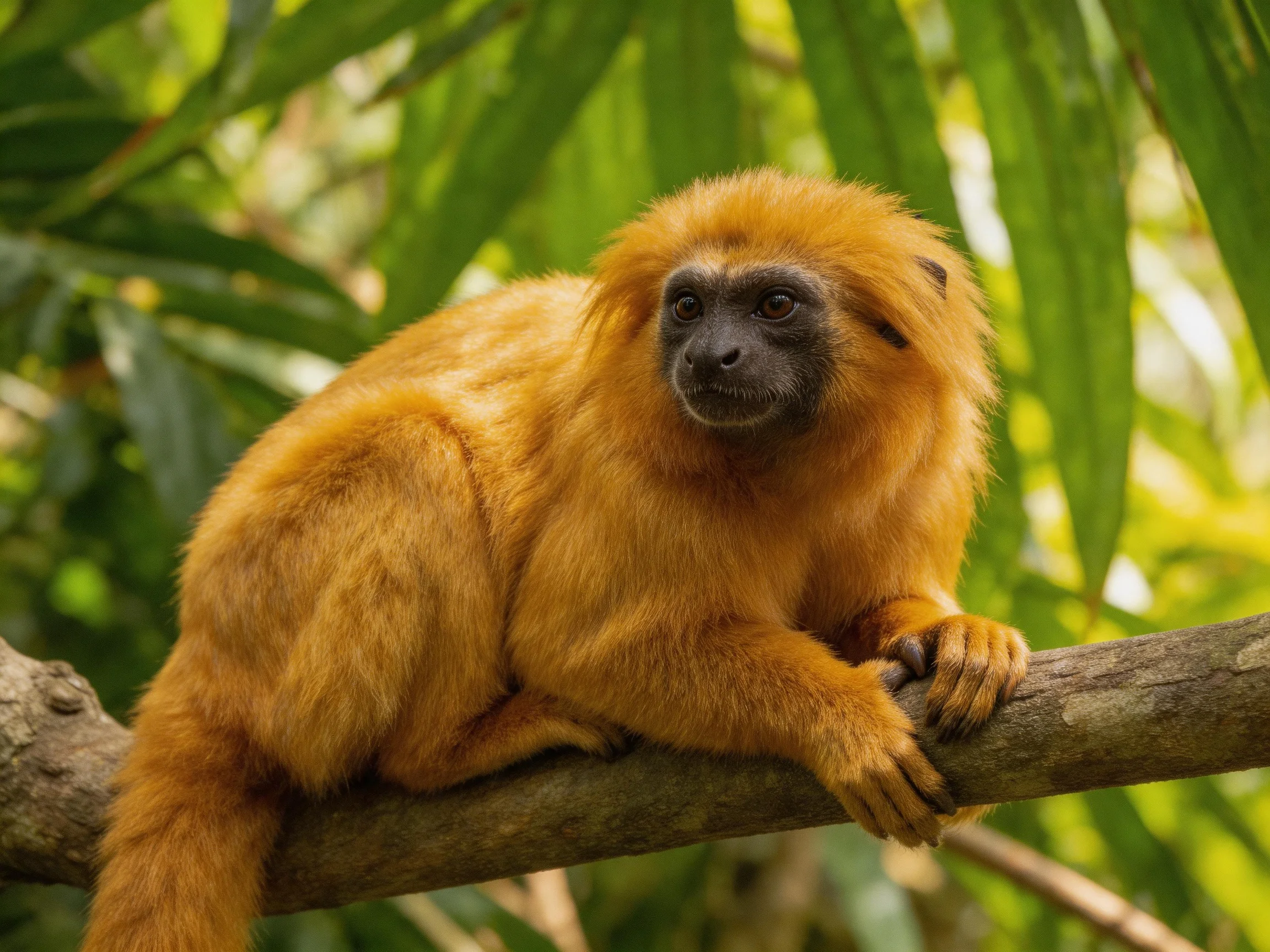 A golden monkey perches on a tree branch amidst lush green foliage