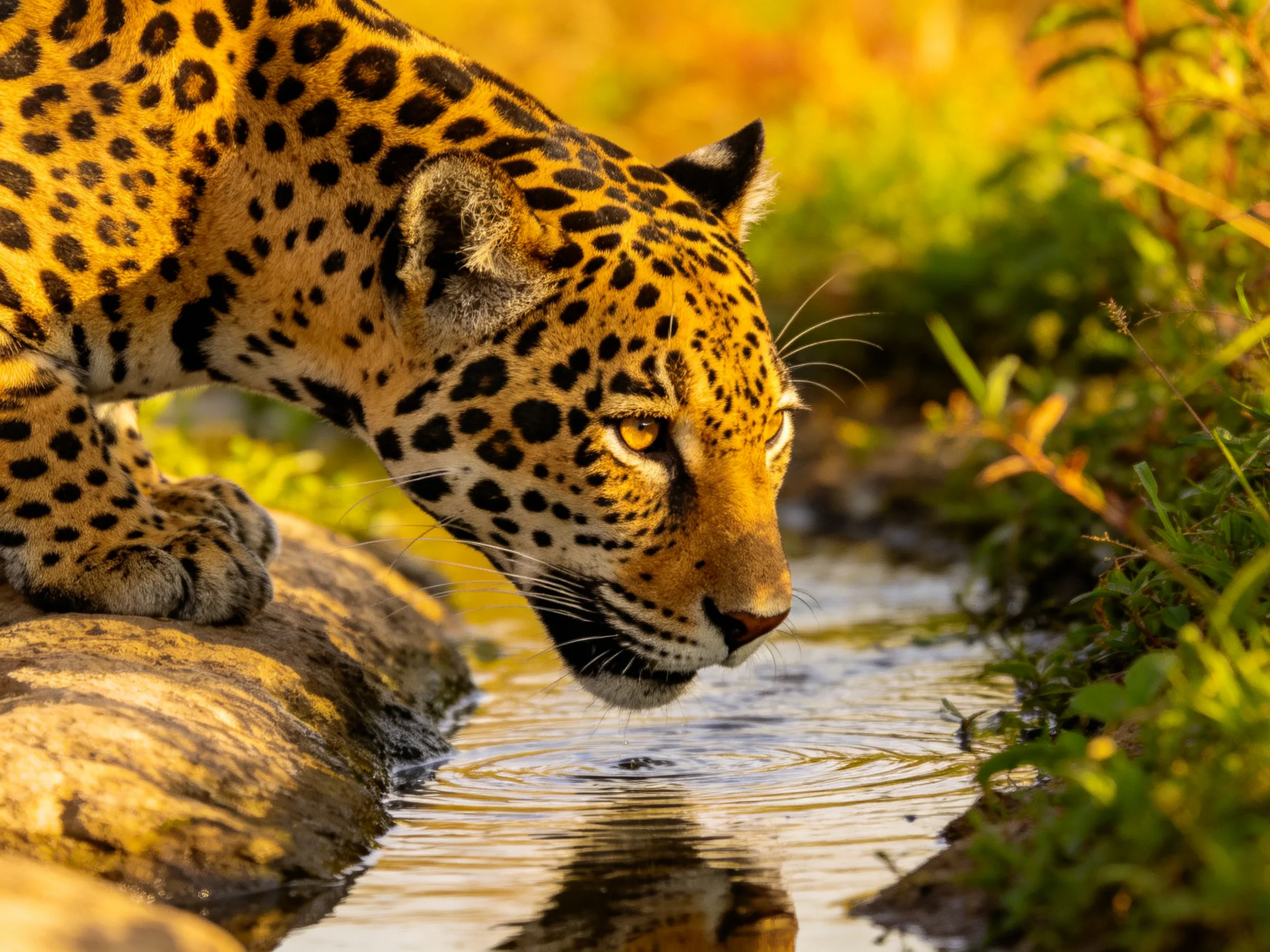 A golden-spotted jaguar drinks from a sunlit stream near greenery