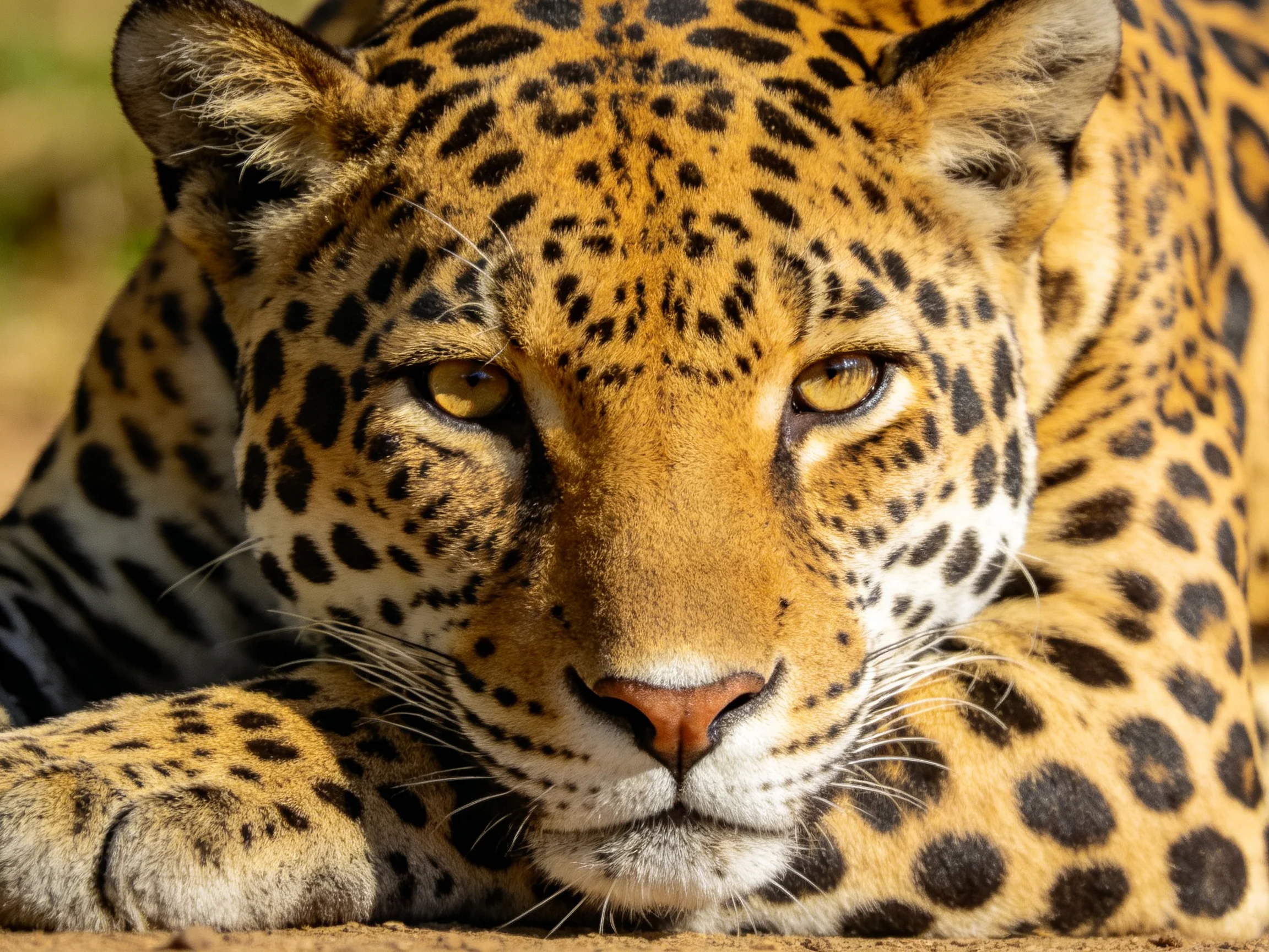 A golden-spotted jaguar rests on earth under bright sunlight