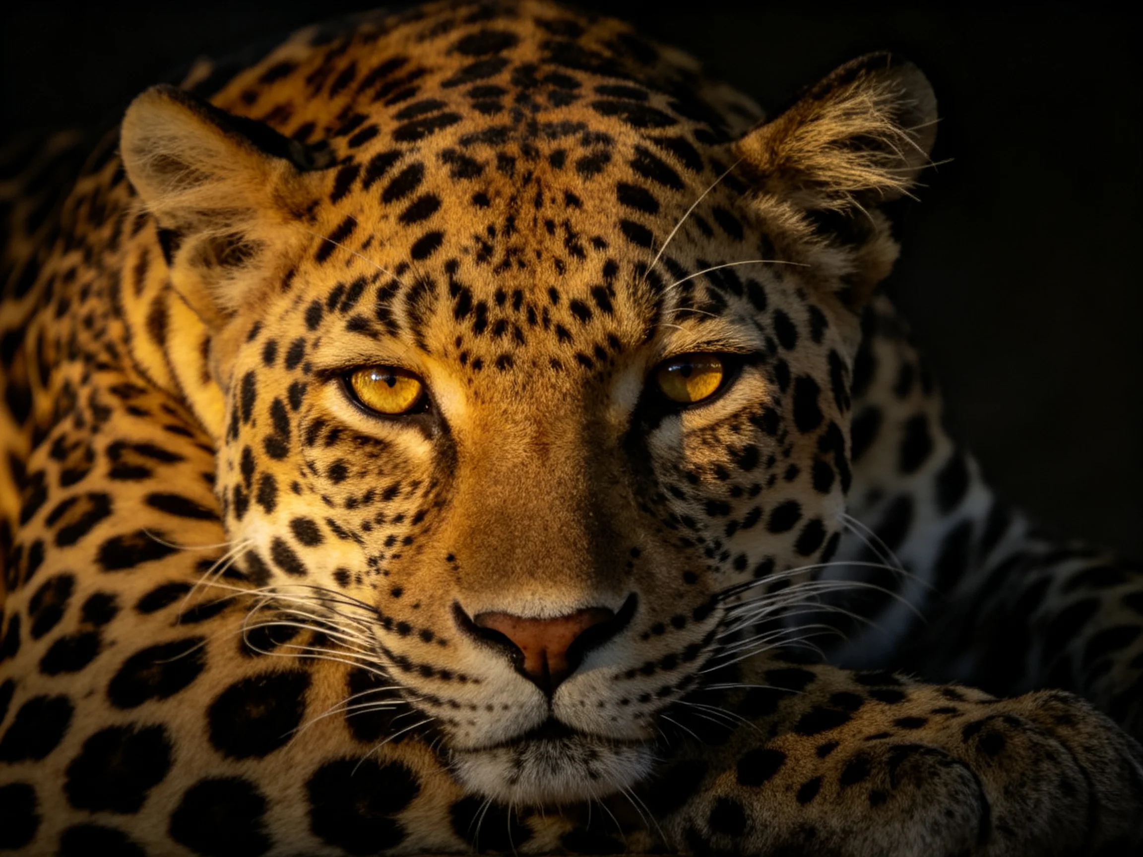 A golden-spotted leopard gazes intently from dark surroundings.