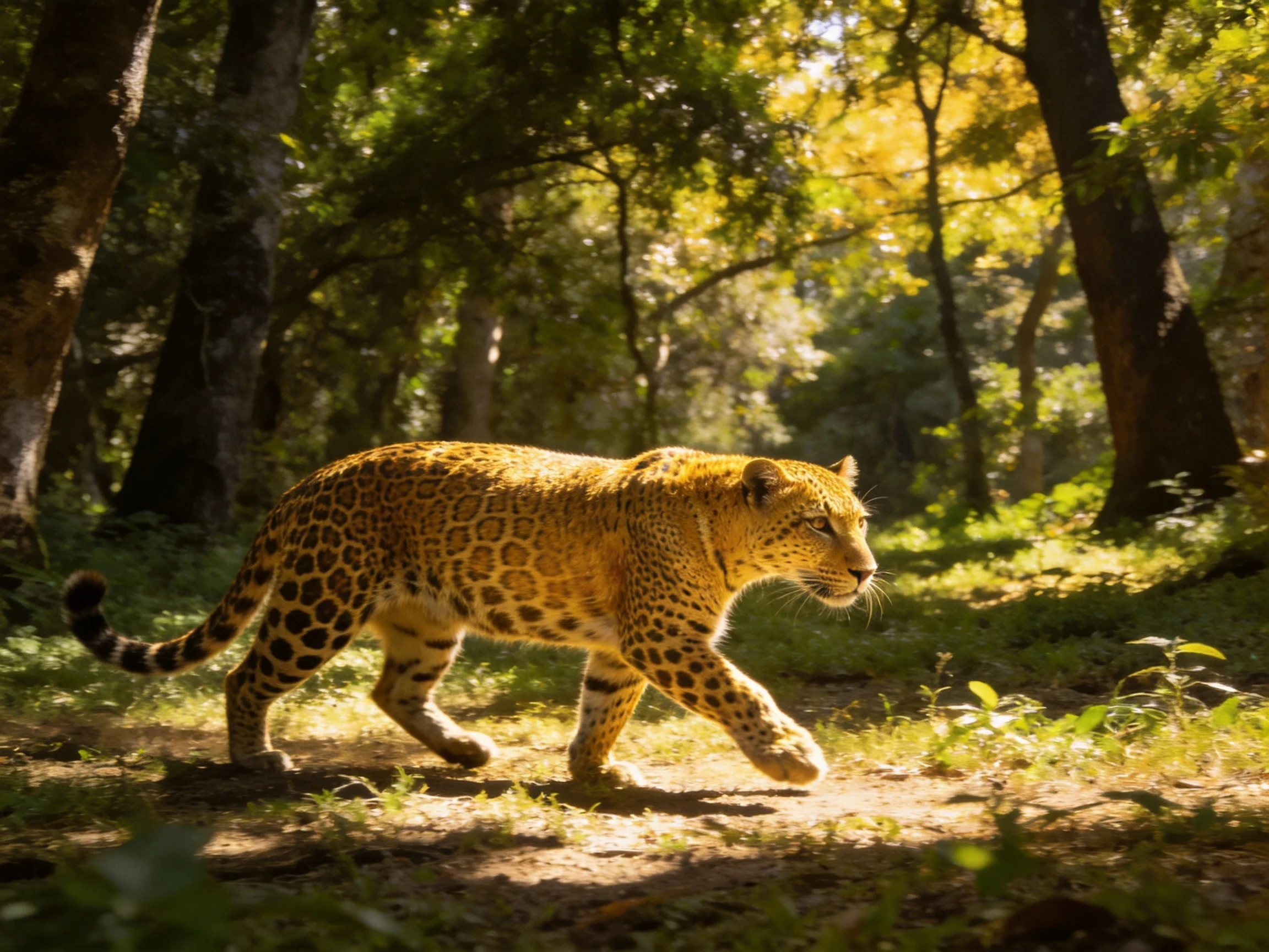A leopard with spotted fur travels along a sunlit forest trail.