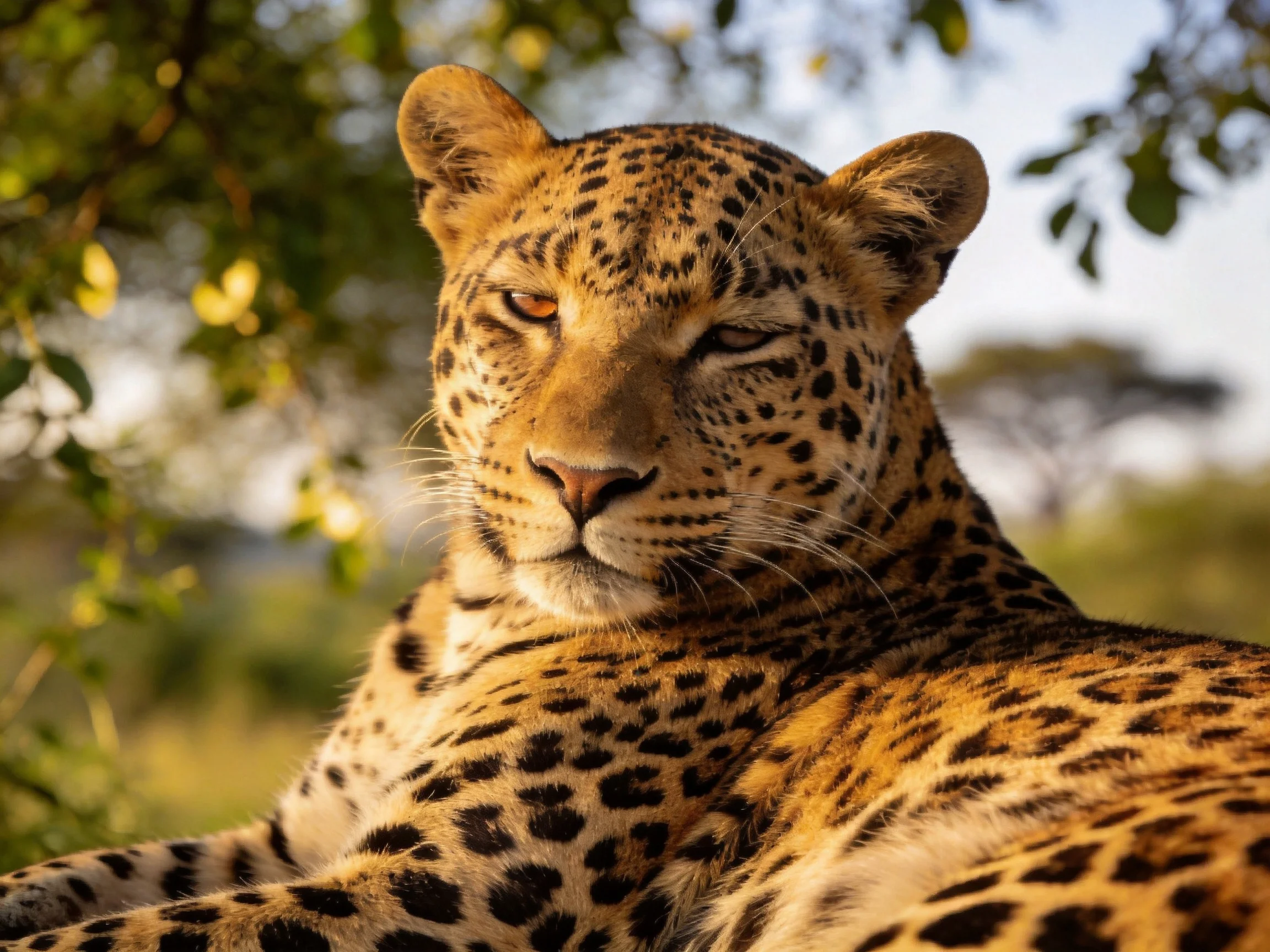 A golden-spotted leopard relaxes in a sunlit natural environment.