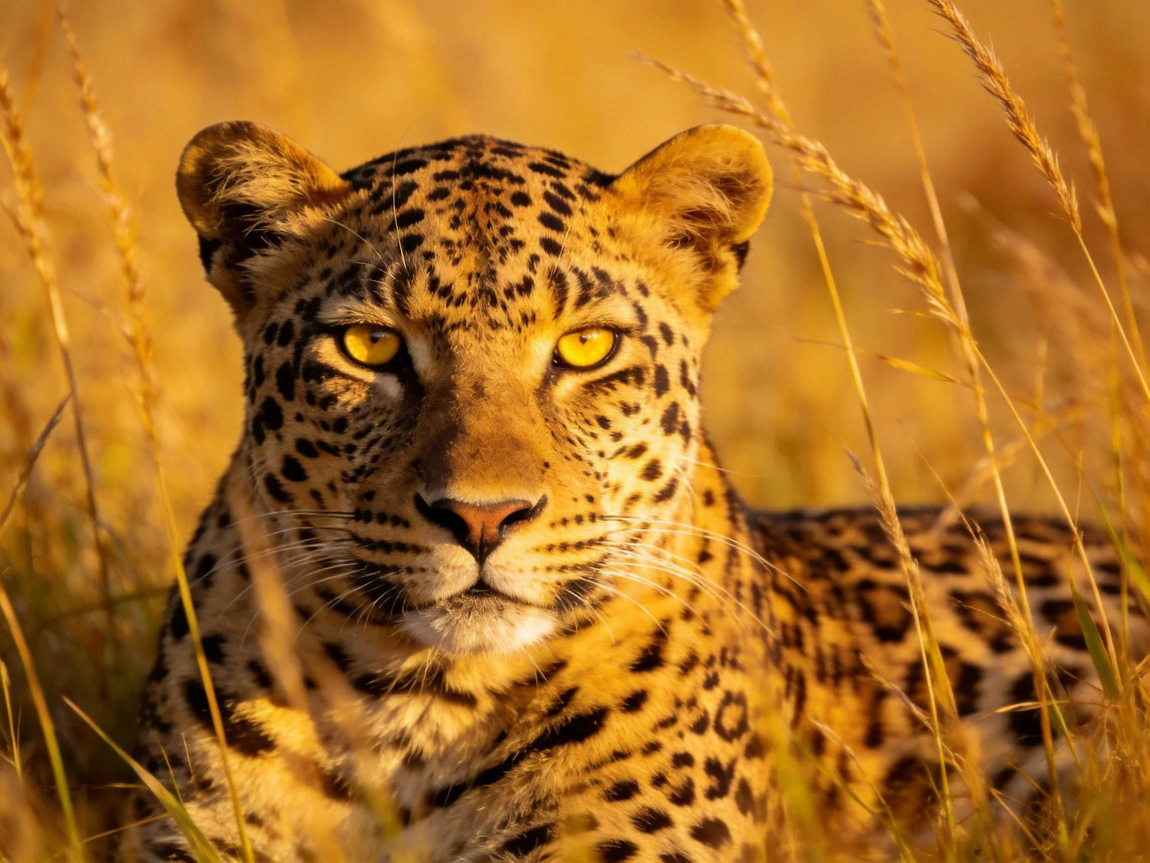 A golden-spotted leopard rests in sun-kissed tall savannah grasses