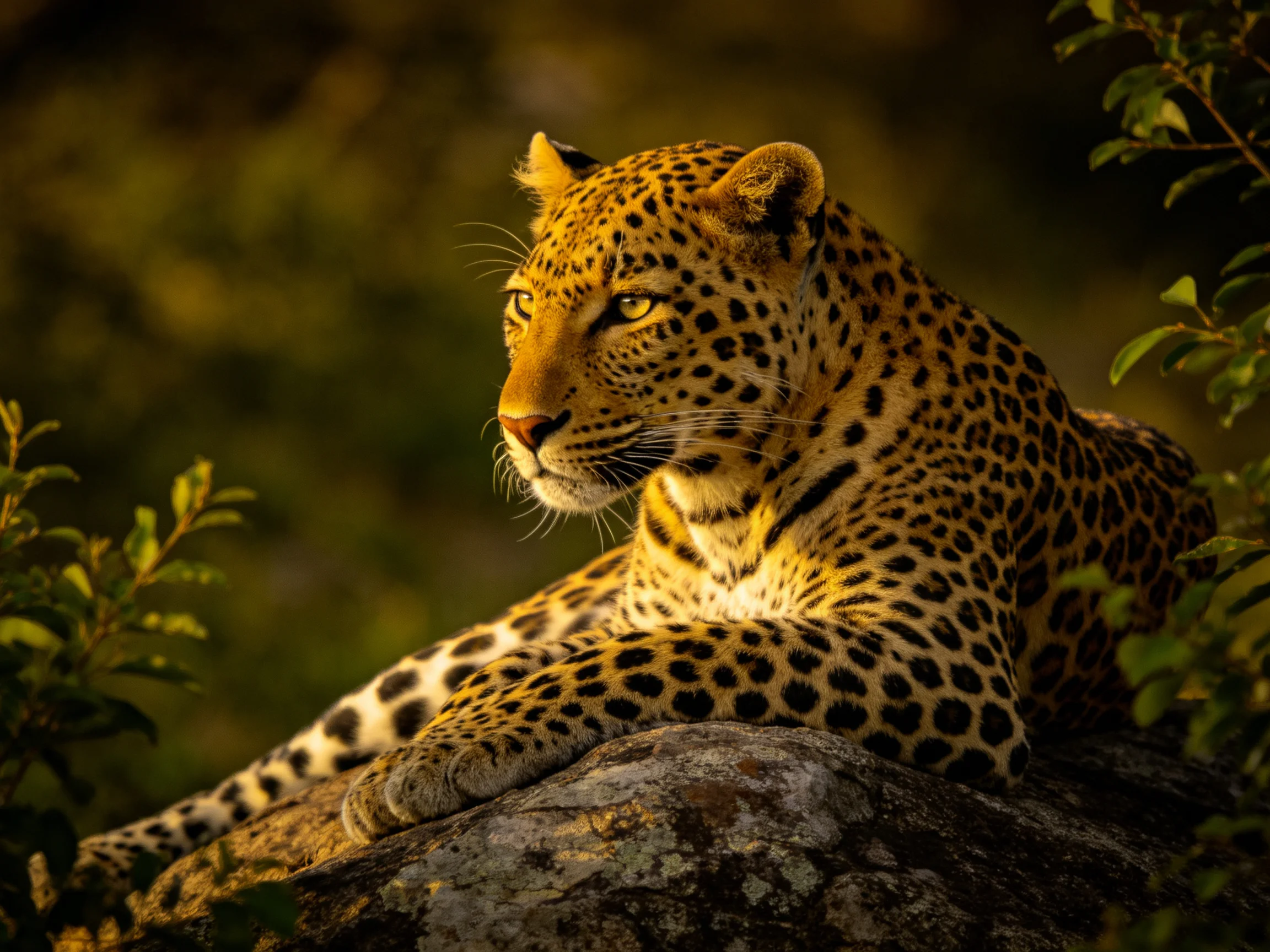 A leopard with spotted fur relaxes on a rock in nature.