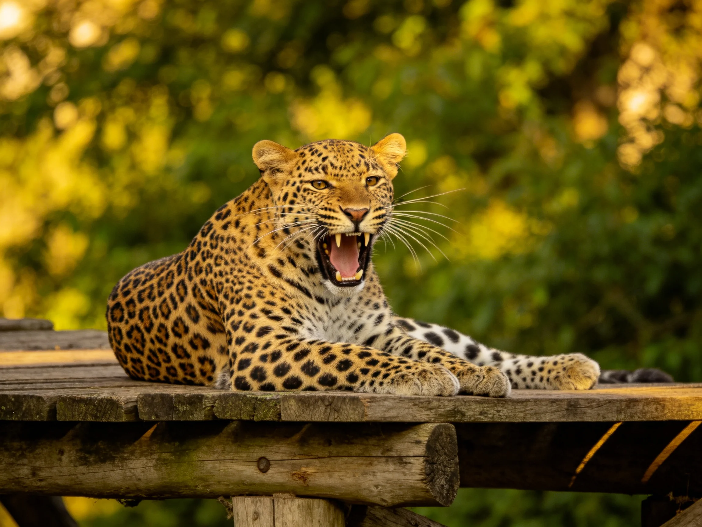 A golden-spotted leopard rests on a weathered wooden platform with lush green backdrop.