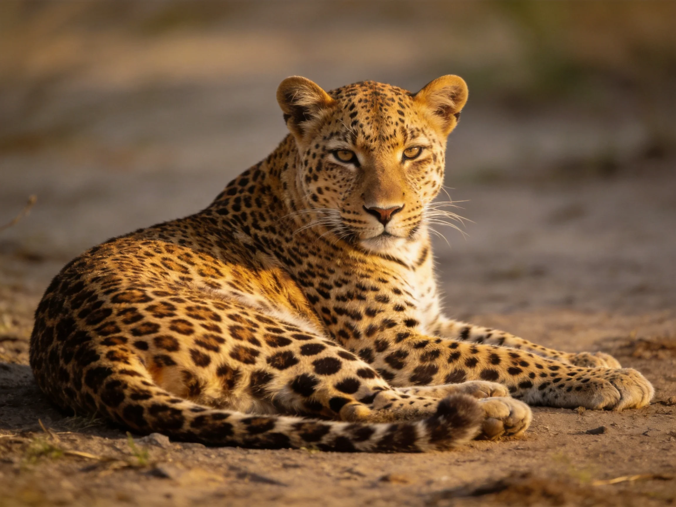 A leopard with spotted fur relaxes on sandy terrain.