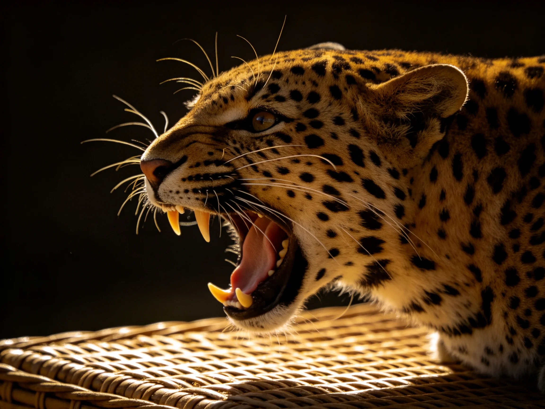 A golden - spotted leopard roars on a woven surface
