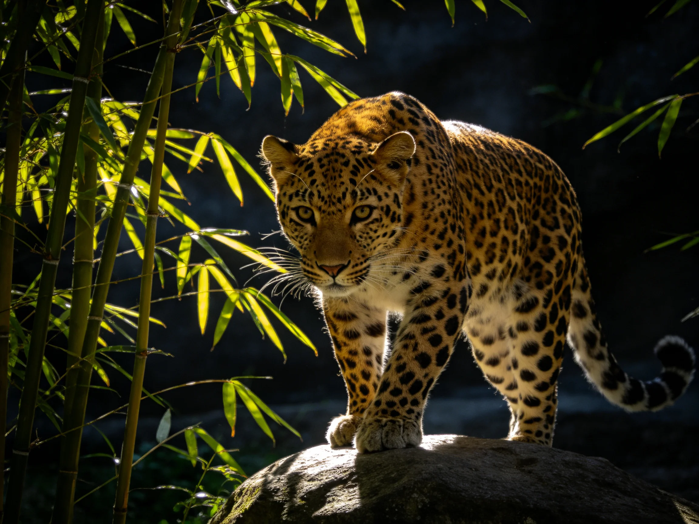 A golden-spotted leopard stalks on a mossy rock near bamboo foliage