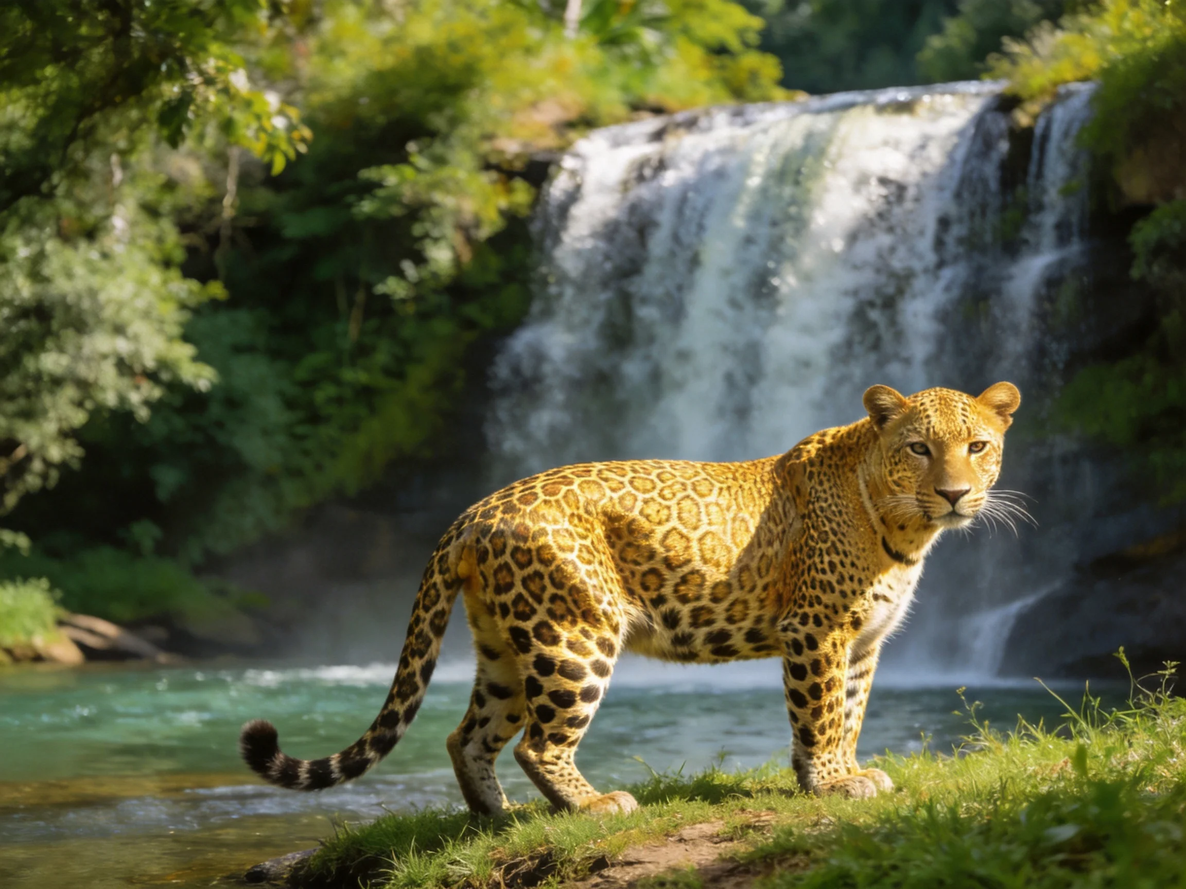A golden-spotted leopard is near a waterfall in a verdant natural setting