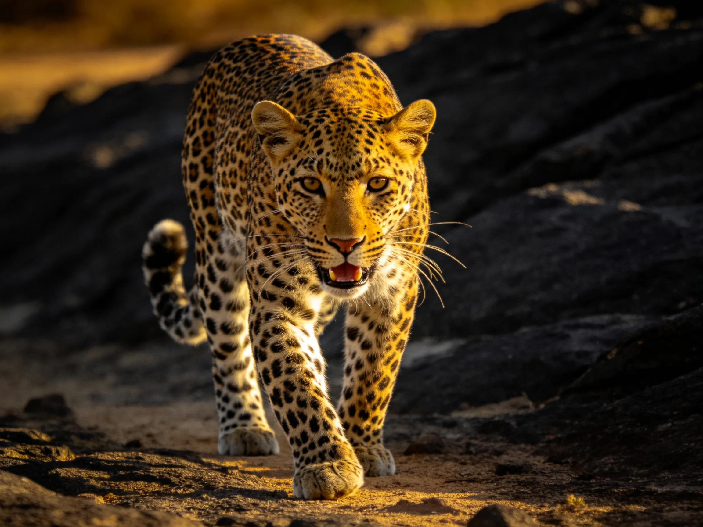 A leopard with golden spots moves through dark rocks under sunlight.