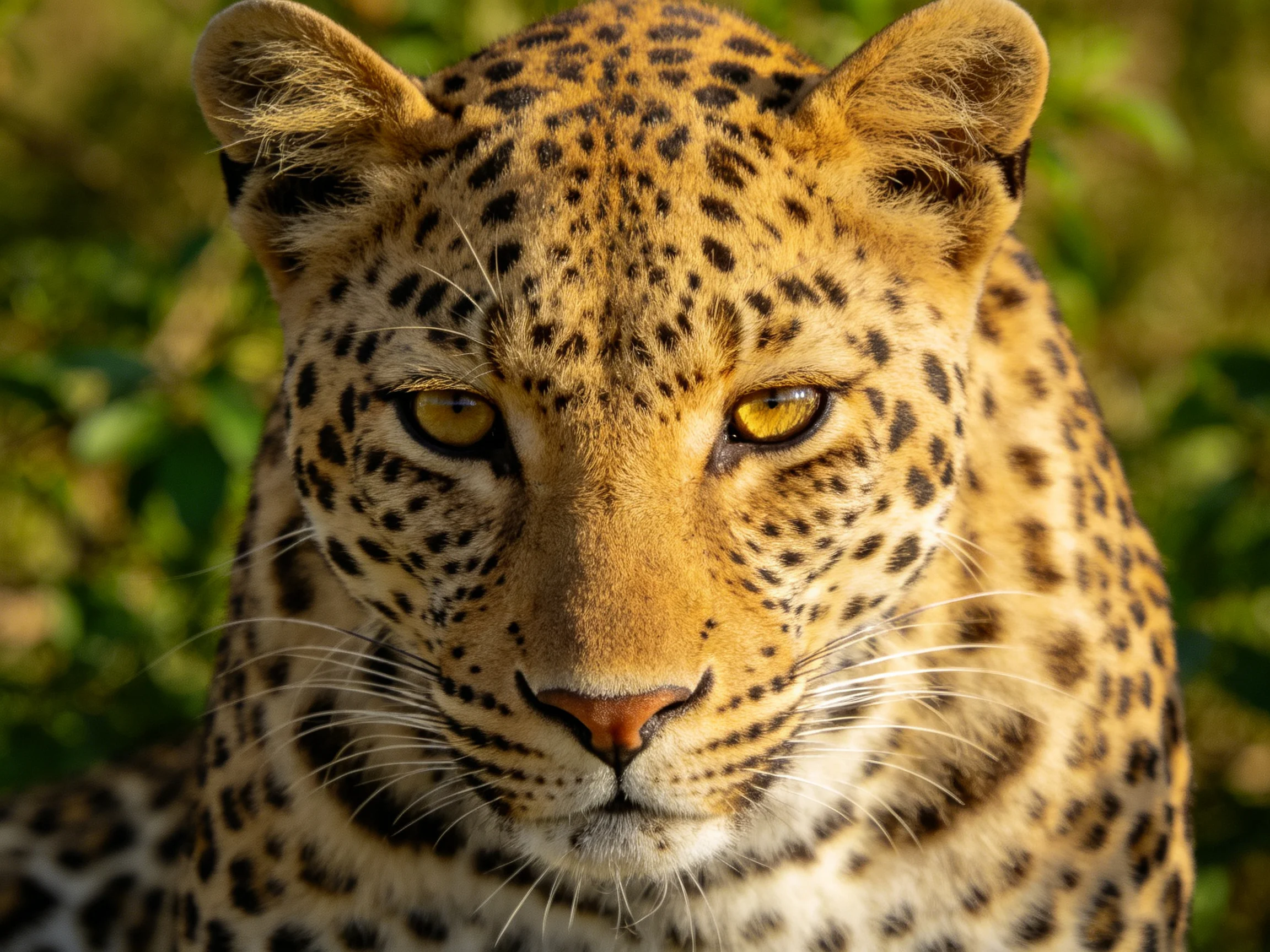 A golden - spotted leopard gazes calmly amid greenery.