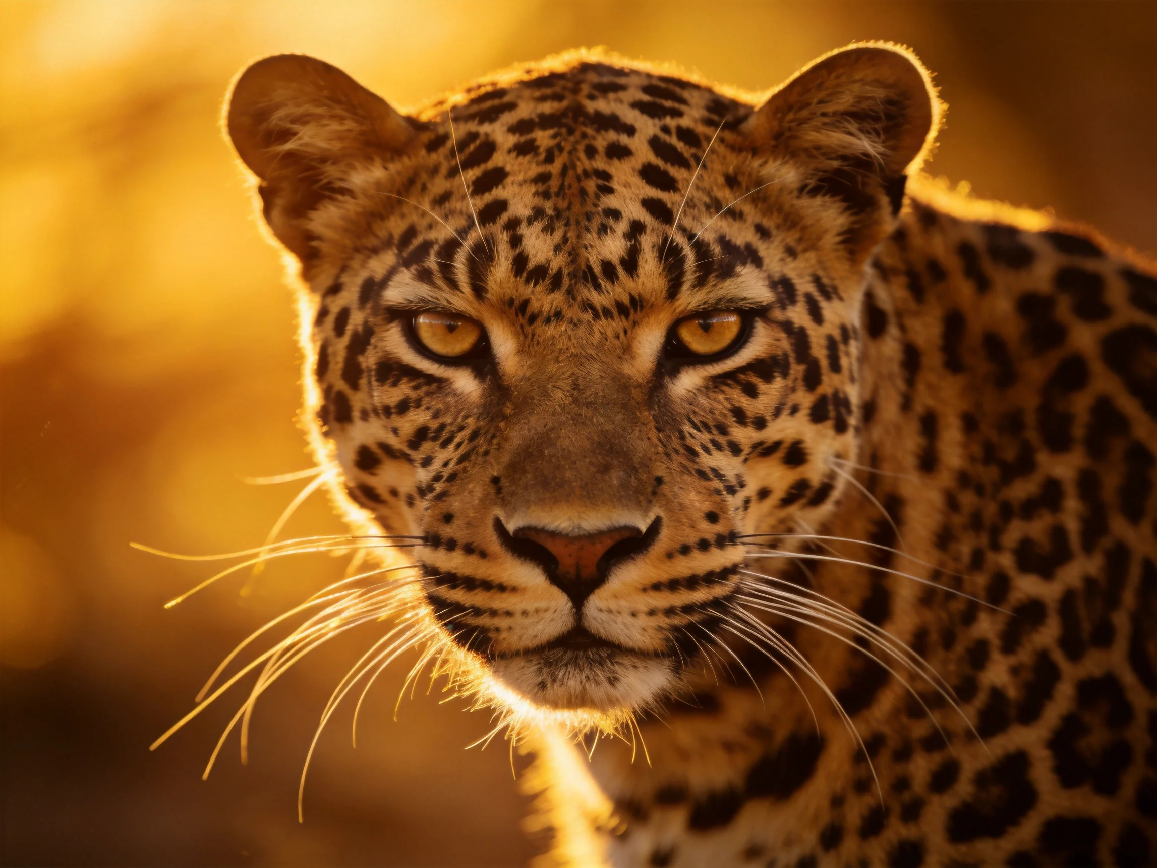 A golden-spotted leopard gazes intensely at the viewer.