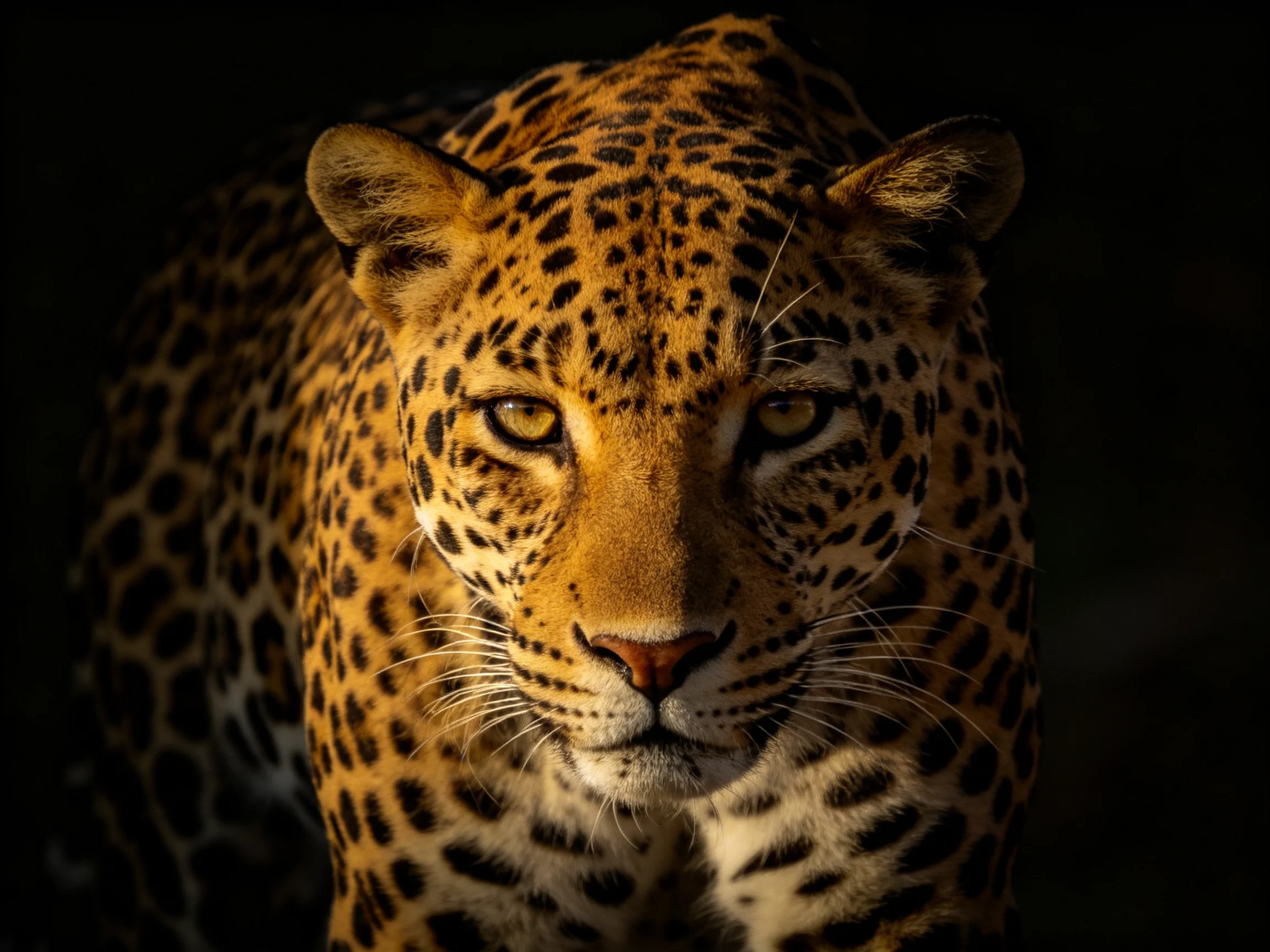 A golden-spotted leopard gazes intensely in low light.