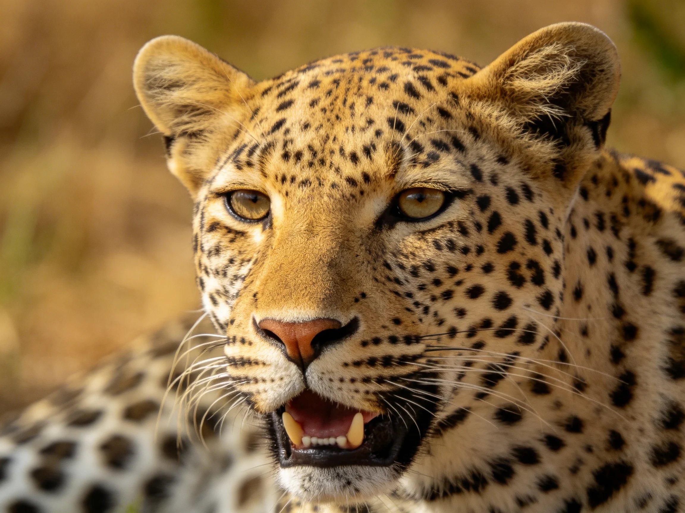 A golden - spotted leopard with striking facial features in natural habitat