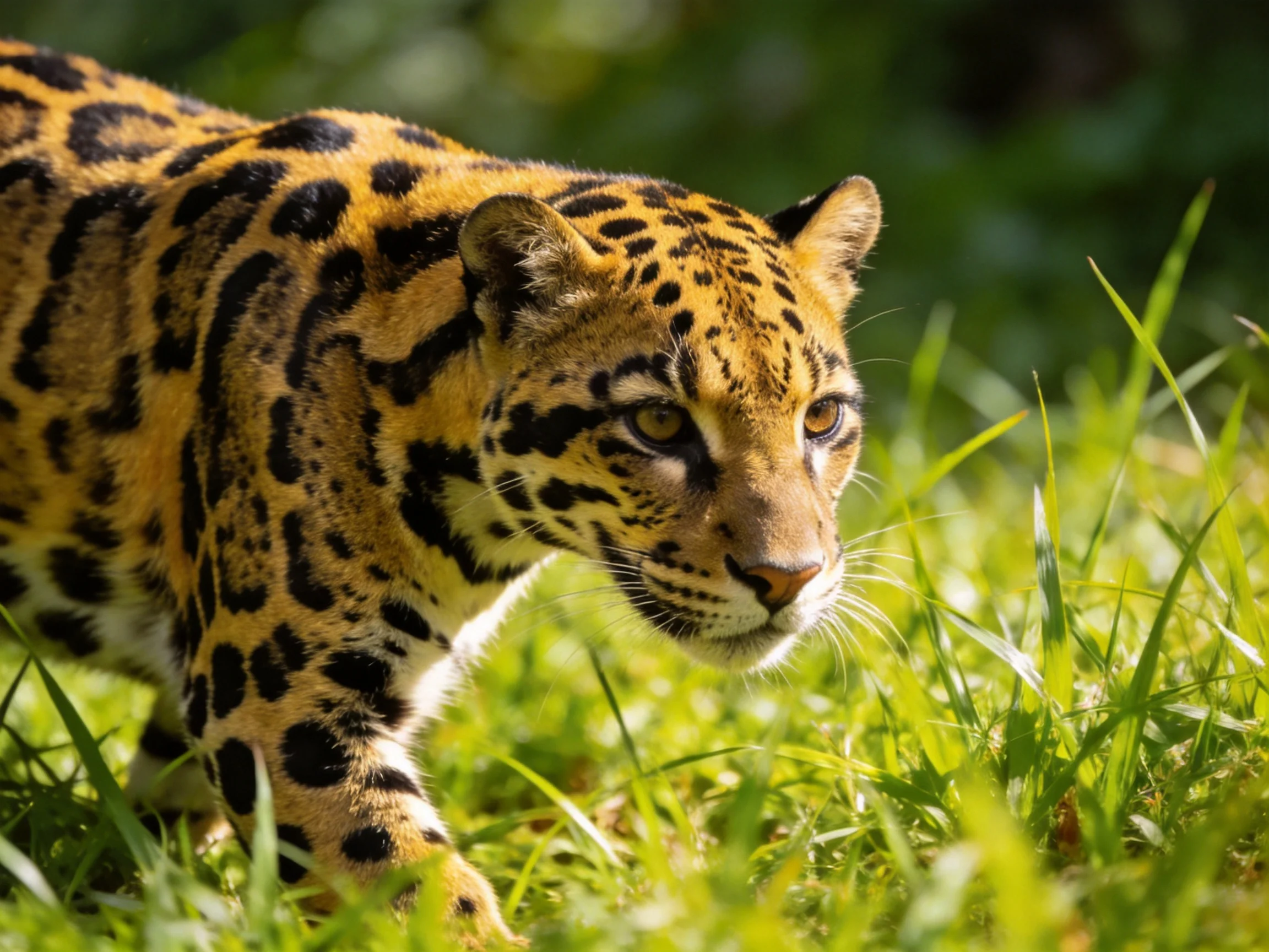 A golden-spotted wildcat moves stealthily through tall green grass.