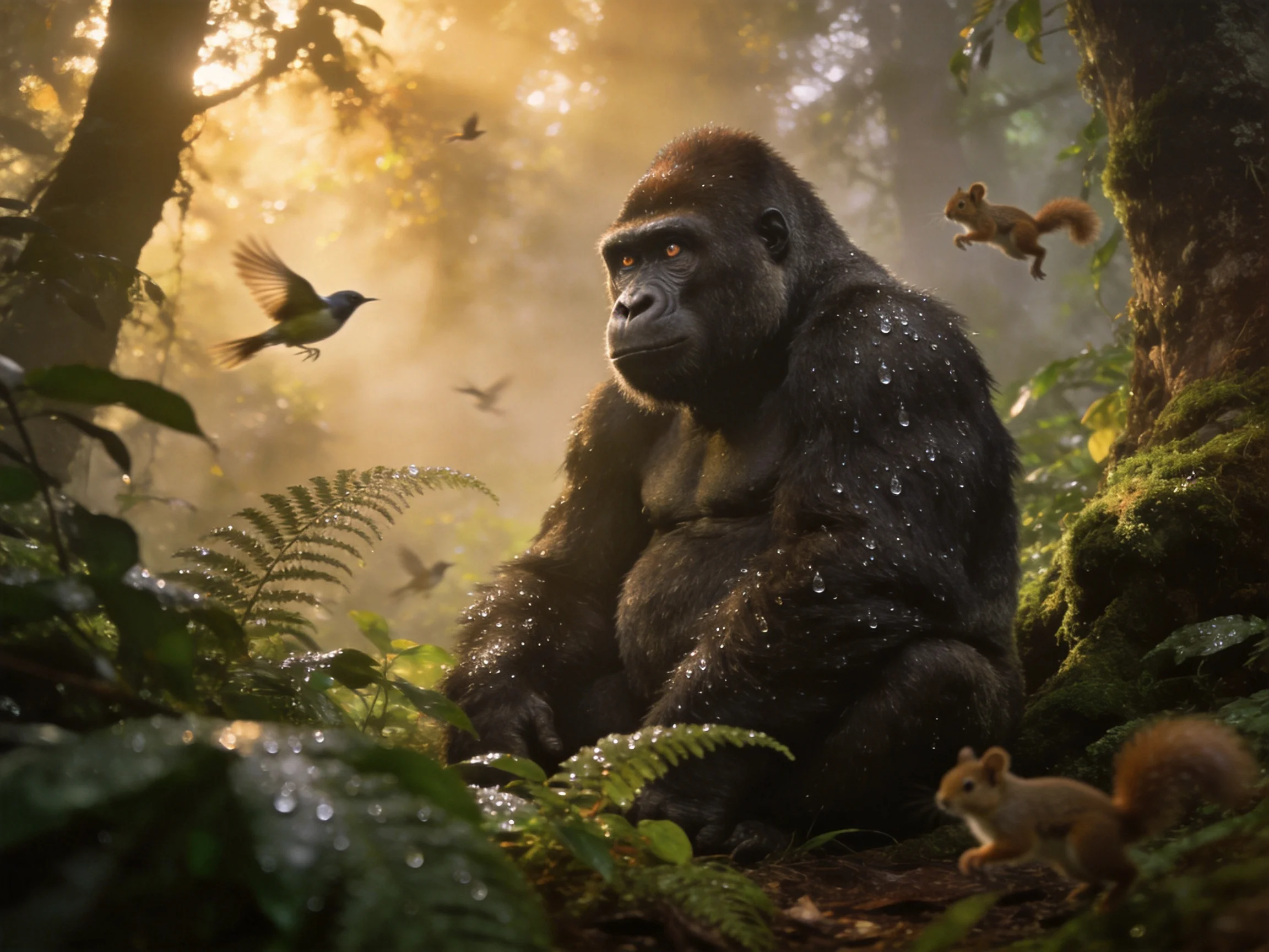 A gorilla sits in a misty forest with birds and squirrels