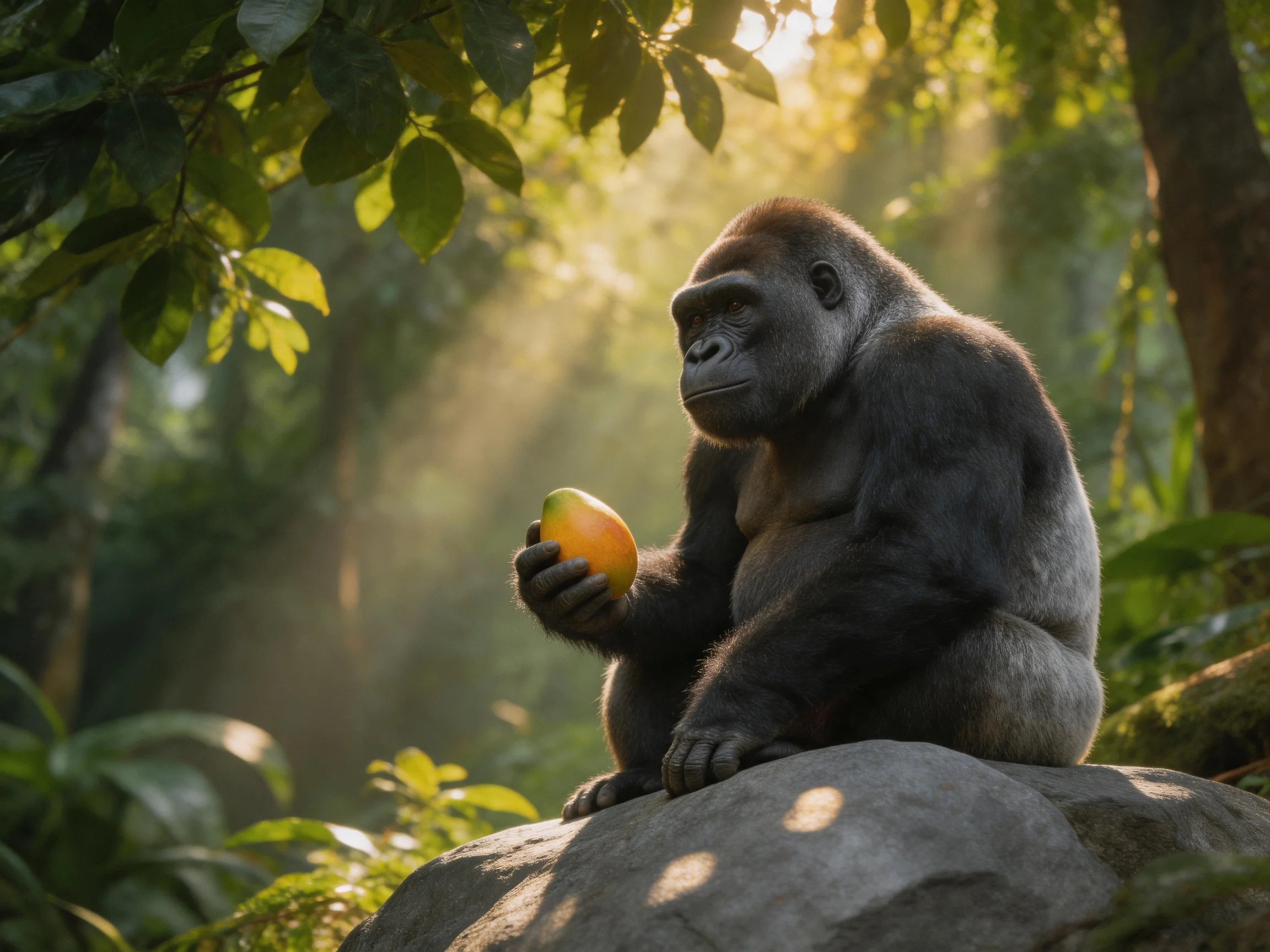 A gorilla sits on a rock holding a mango in a sunlit jungle