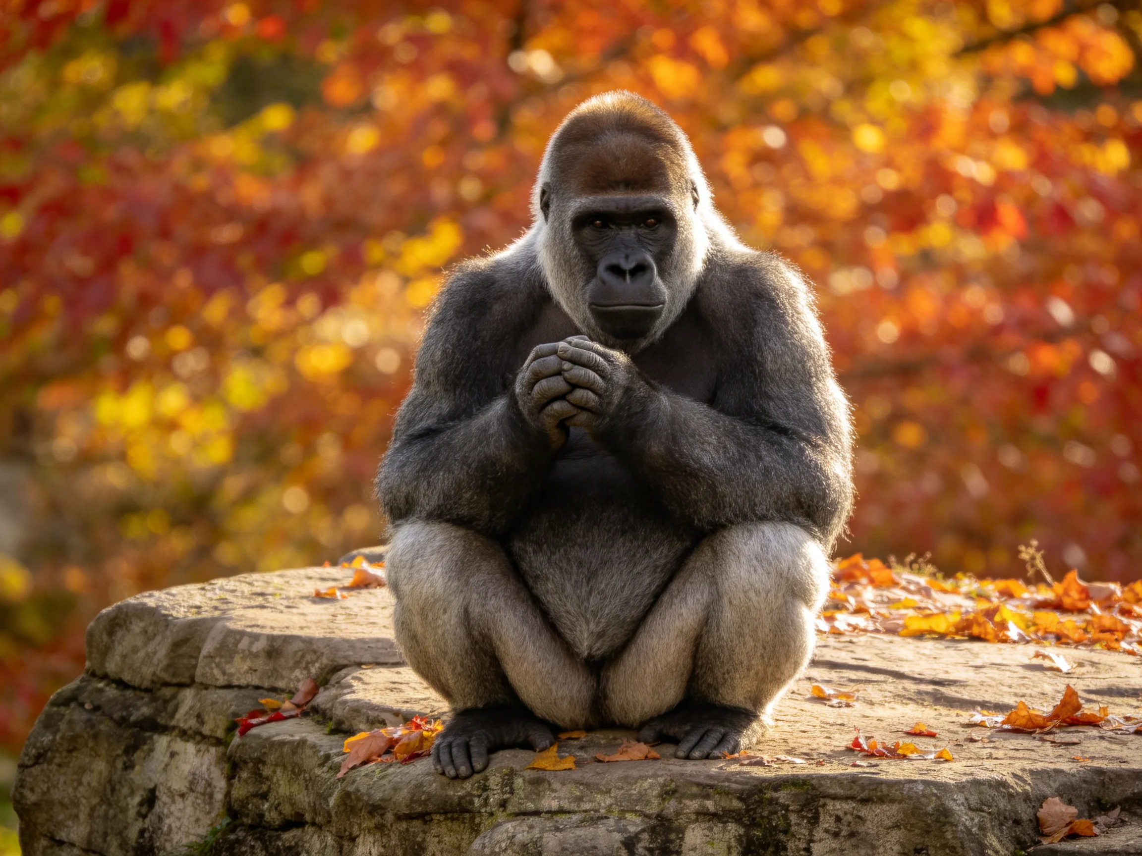 A gorilla sits on a stone ledge amid vibrant fall foliage
