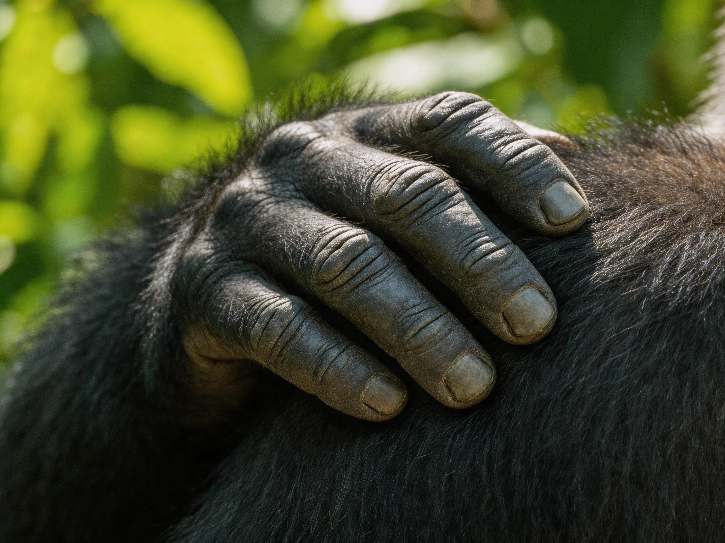 A gorilla’s wrinkled gray hand rests on black fur in a verdant setting