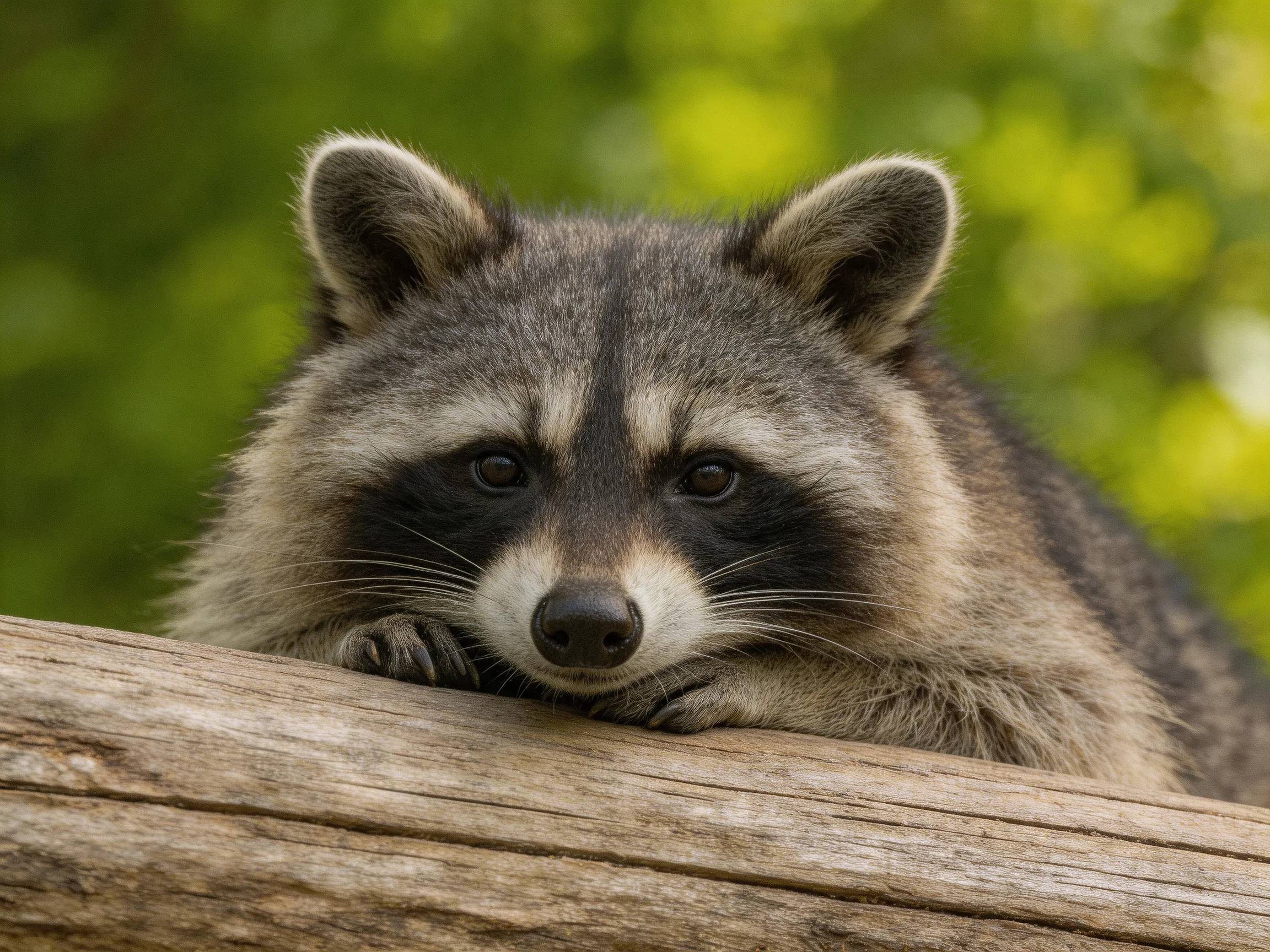 A gray and black raccoon rests on a weathered wooden log