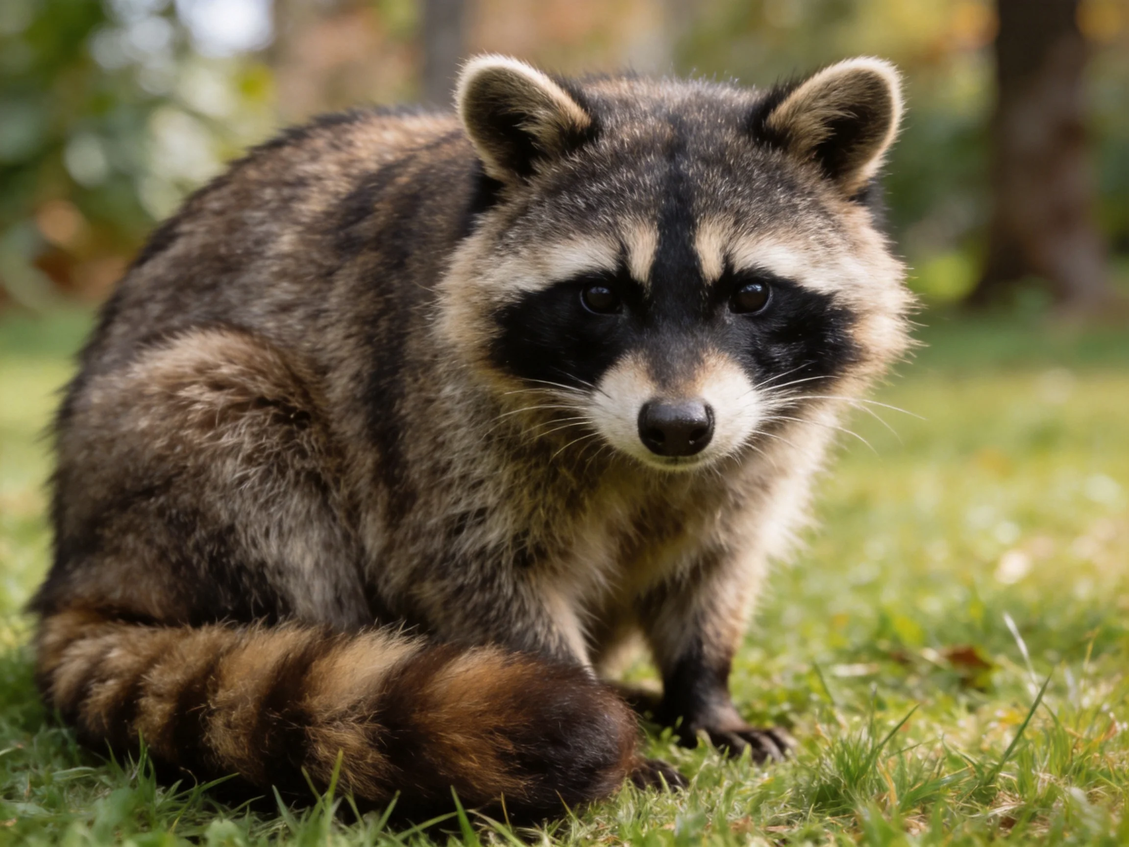 A gray and brown raccoon with black facial markings sits on grass