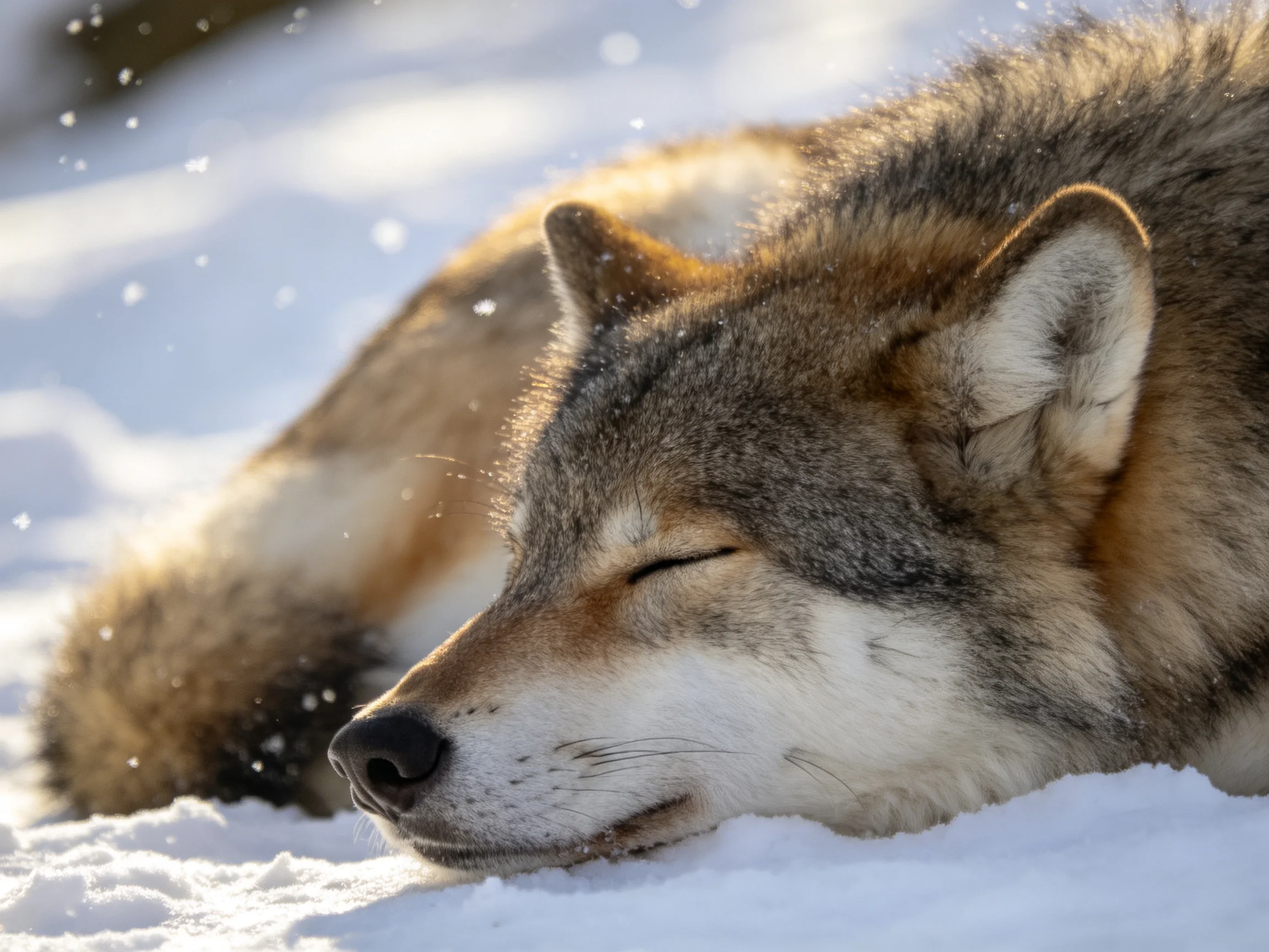 A gray and brown wolf naps in soft, bright snow