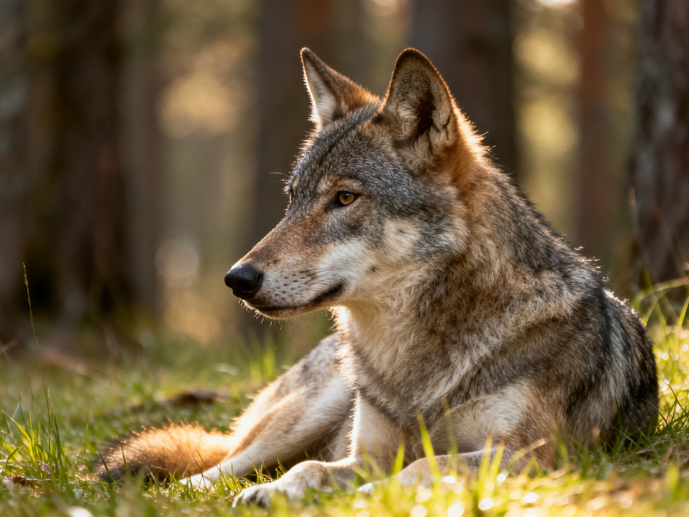 A gray and brown wolf resting in a sunlit forest clearing