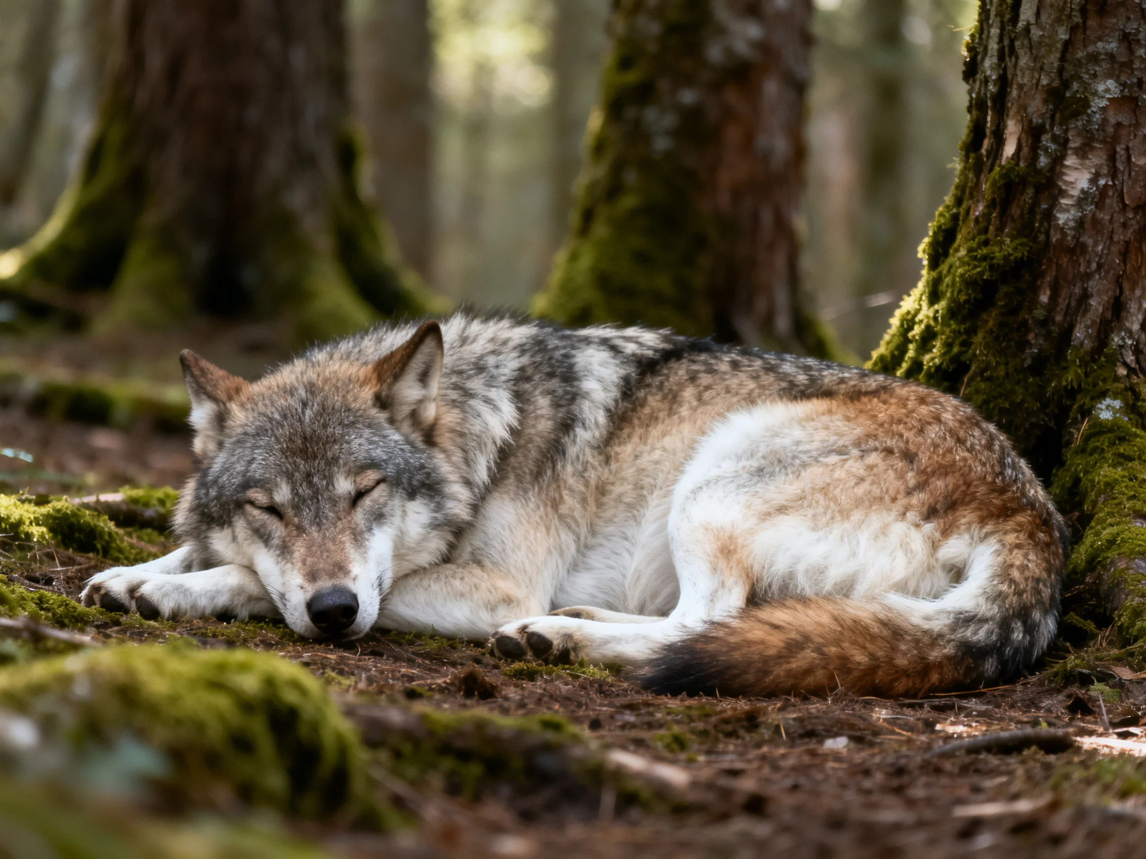 A wolf sleeps peacefully amid mossy trees in a sun-dappled forest.