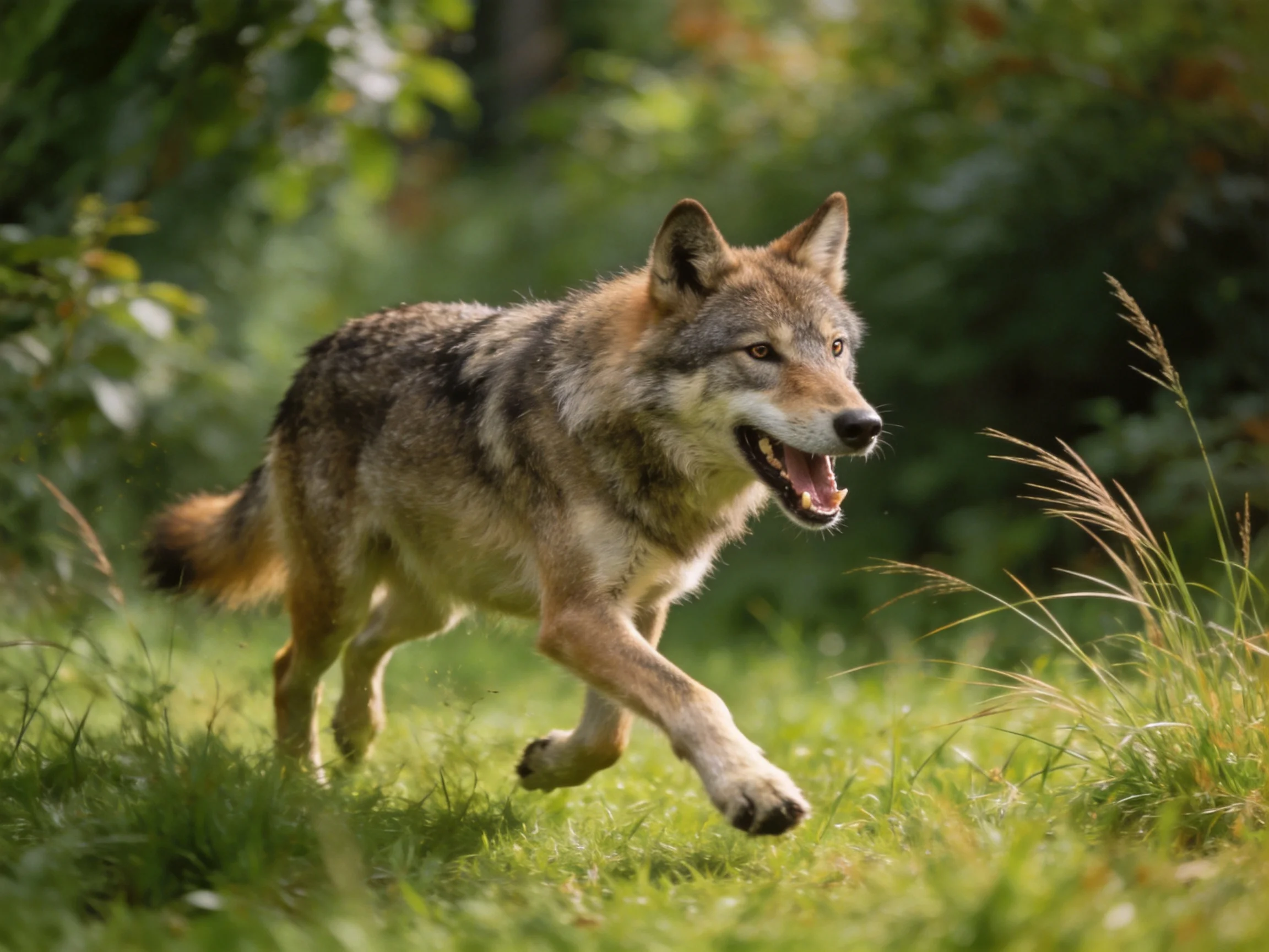 A gray and brown wolf sprinting through lush green foliage