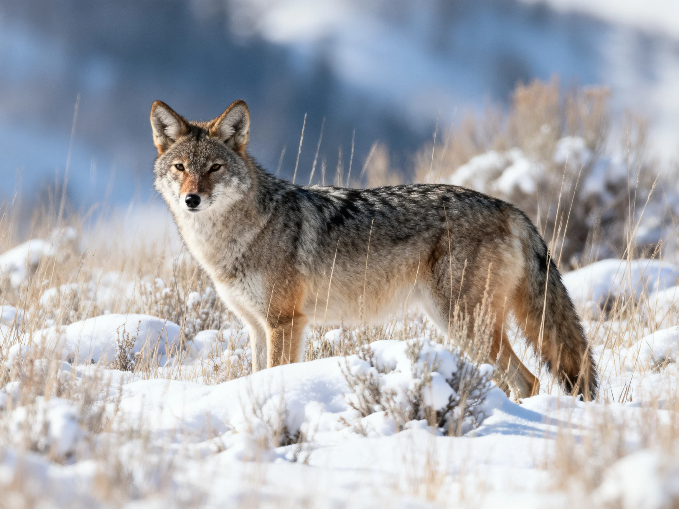 A gray and tan coyote in a snow-dusted vegetative landscape