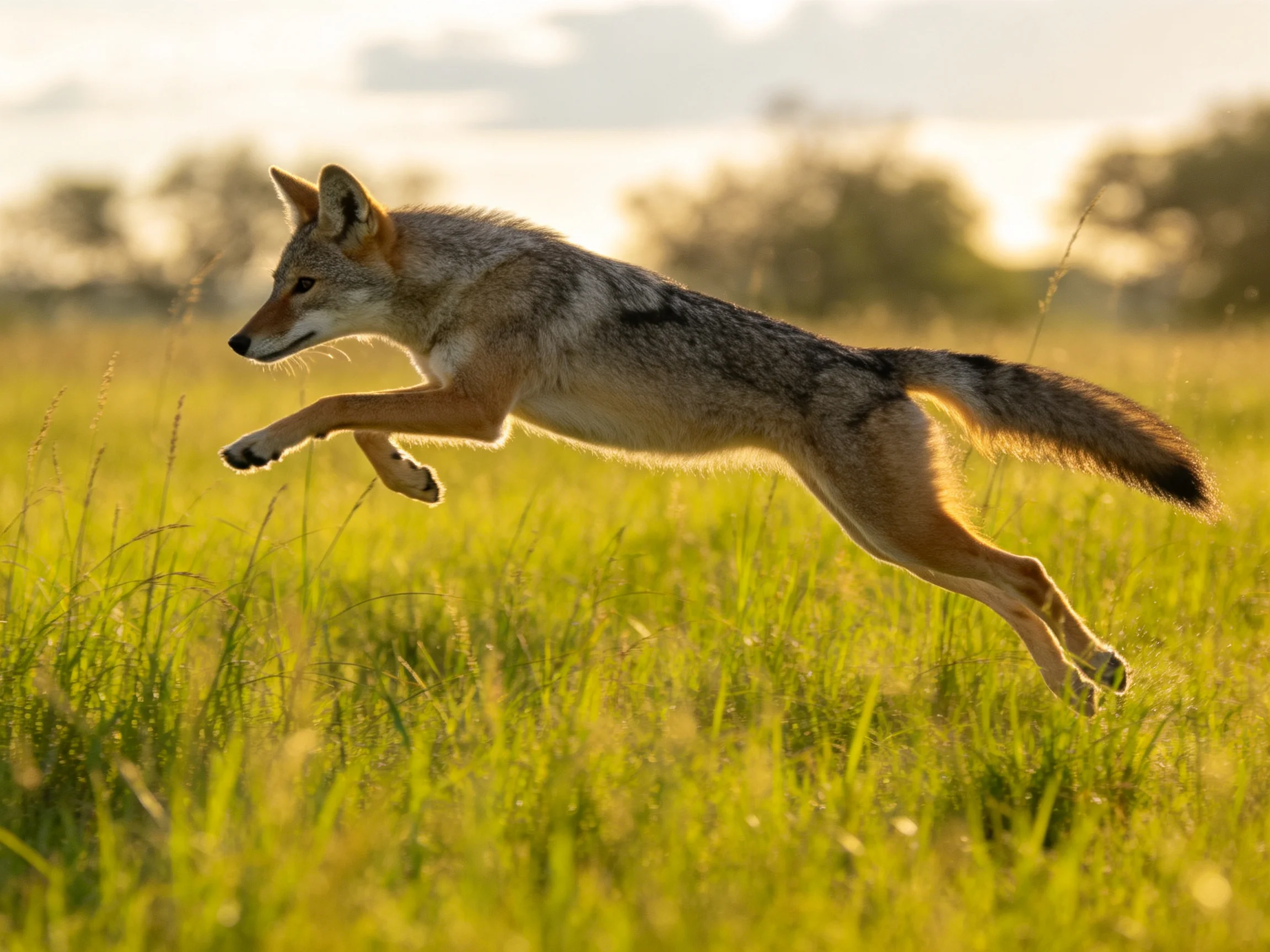 A gray and tan coyote leaps over golden grassy terrain