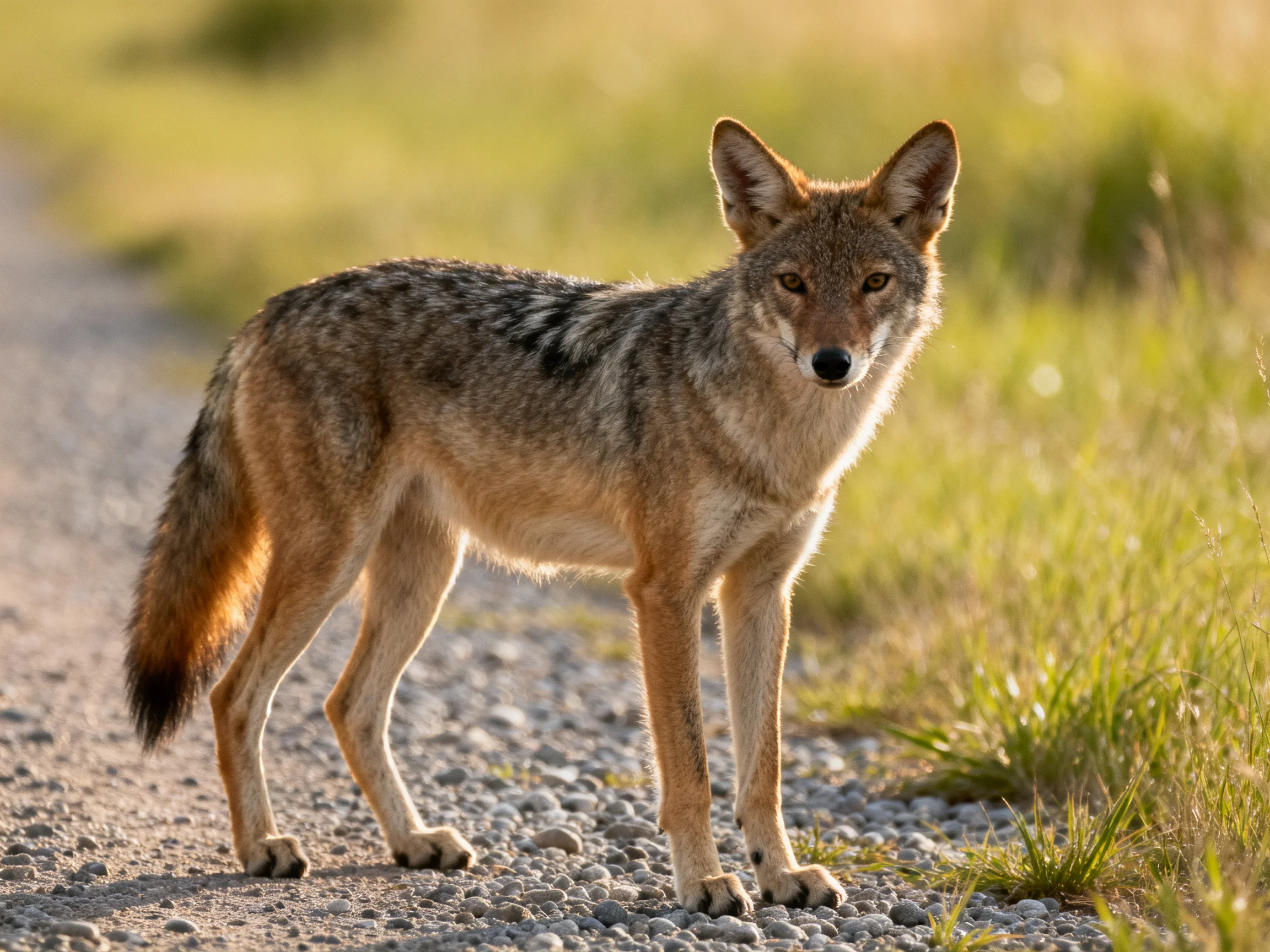 A gray and tan coyote stands on a gravel path near tall green grass