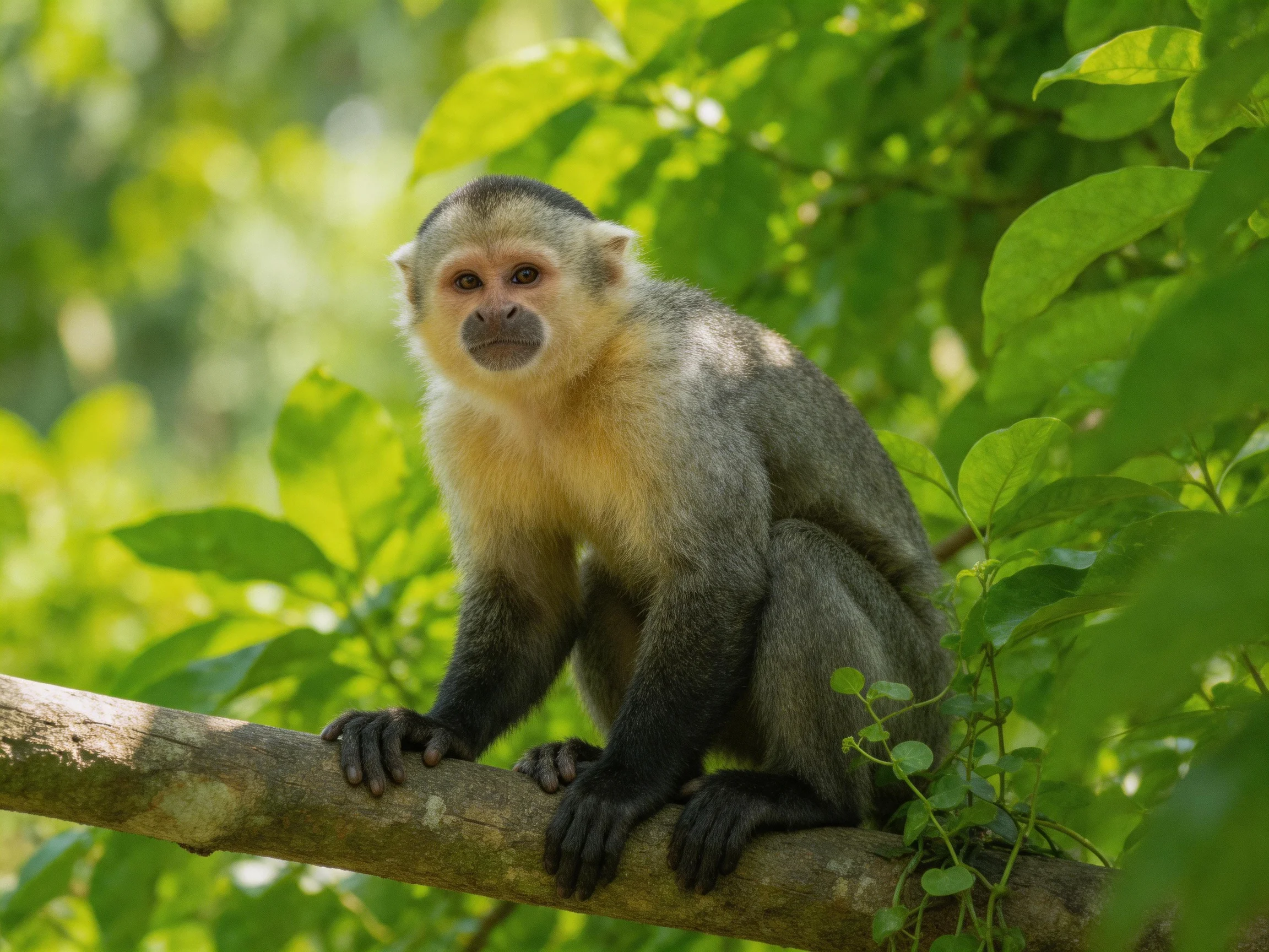 A gray-and-tan monkey perched on a thick tree branch amid lush green foliage