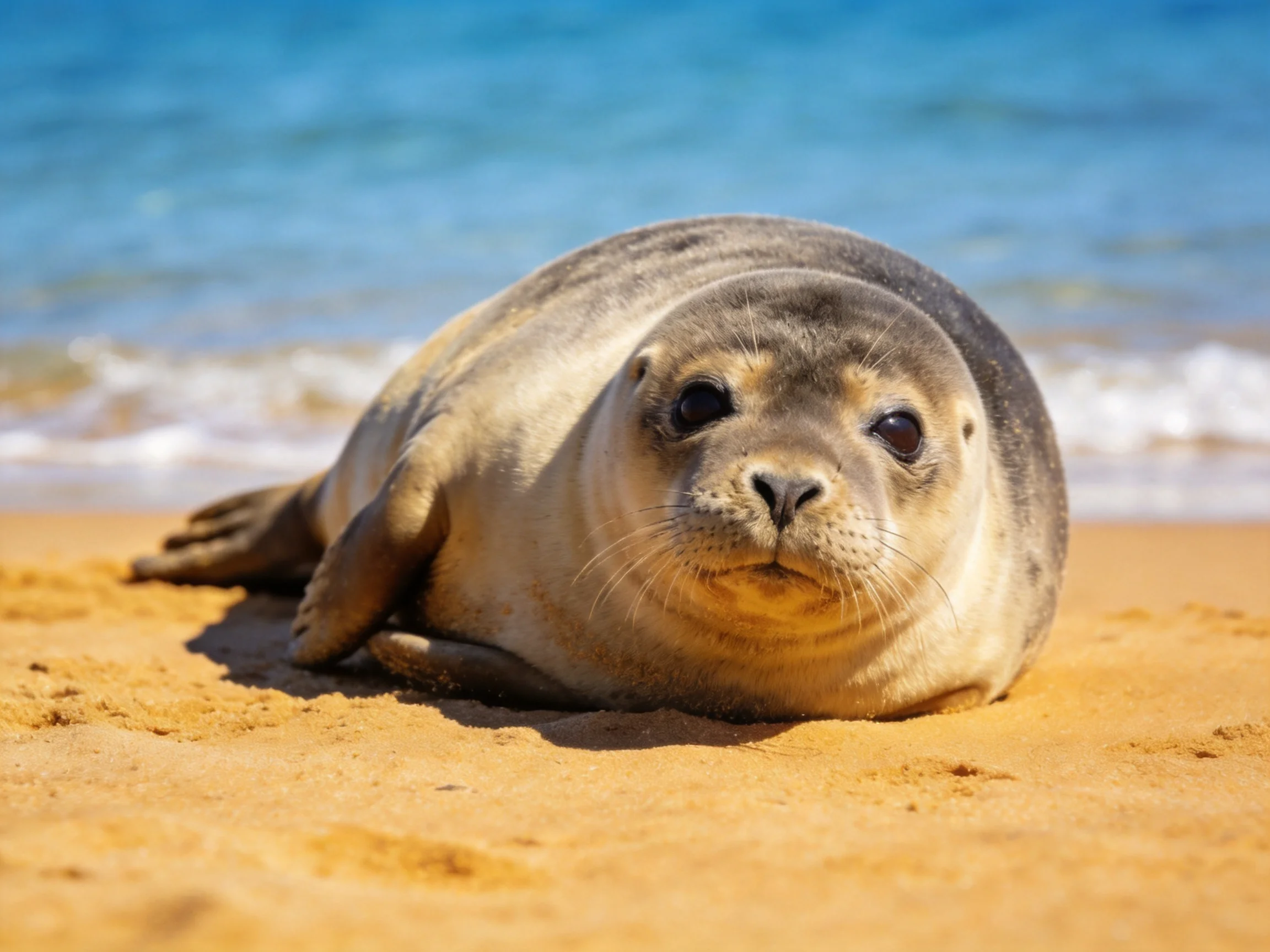 A gray and tan seal rests on golden sand near blue ocean waves
